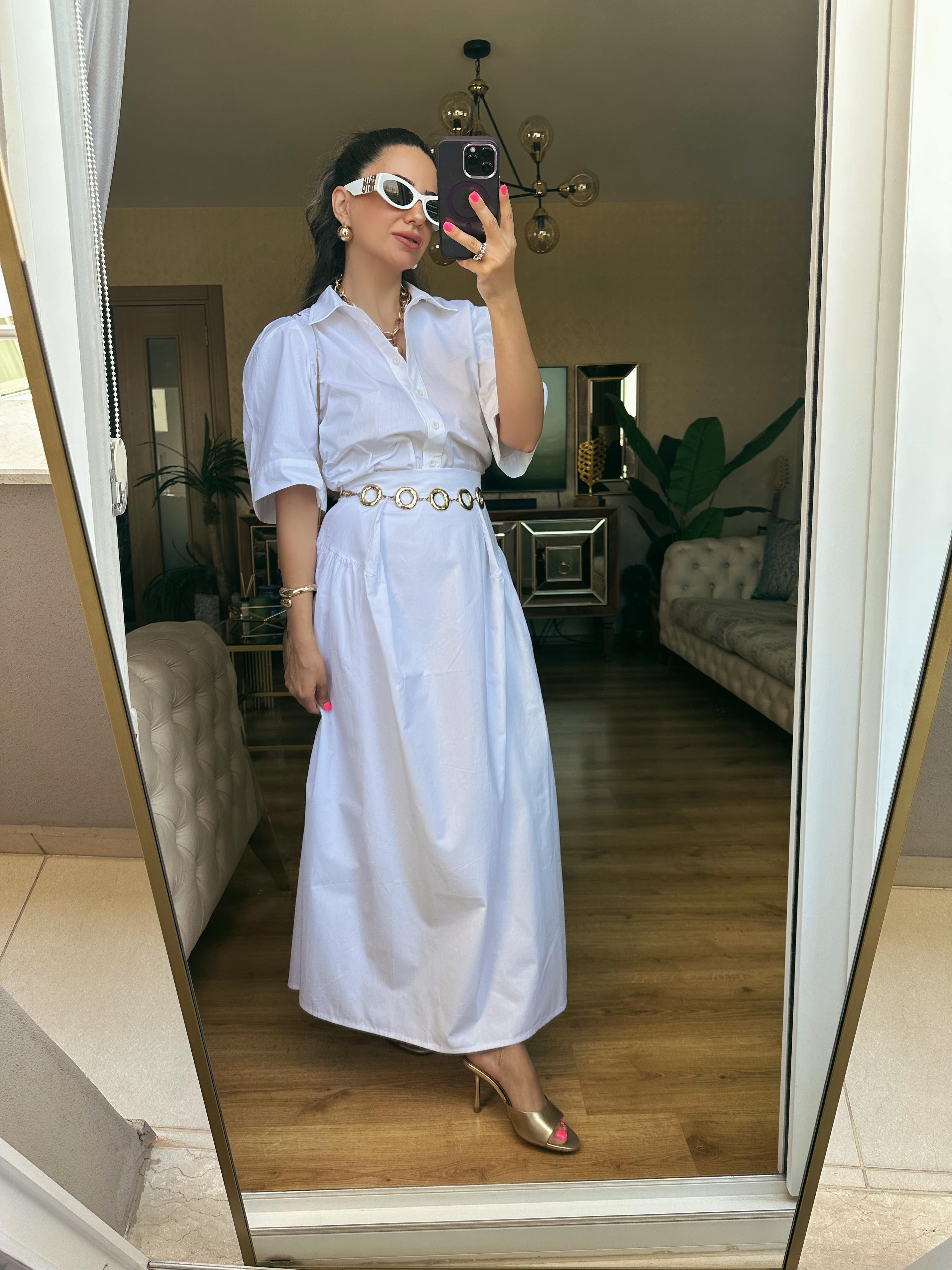 Beyaz Yüksek Bel Poplin Etek