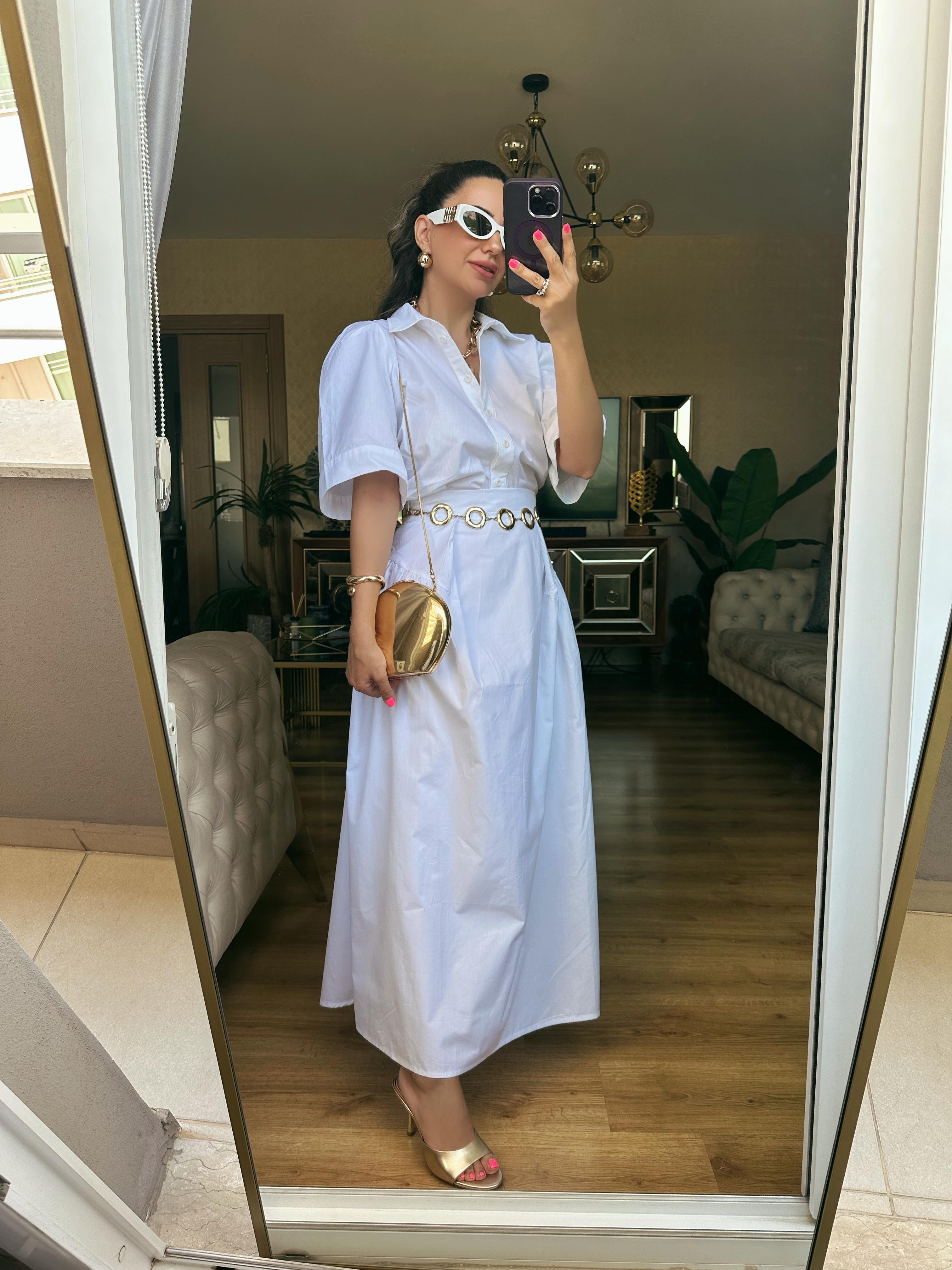 Beyaz Yüksek Bel Poplin Etek