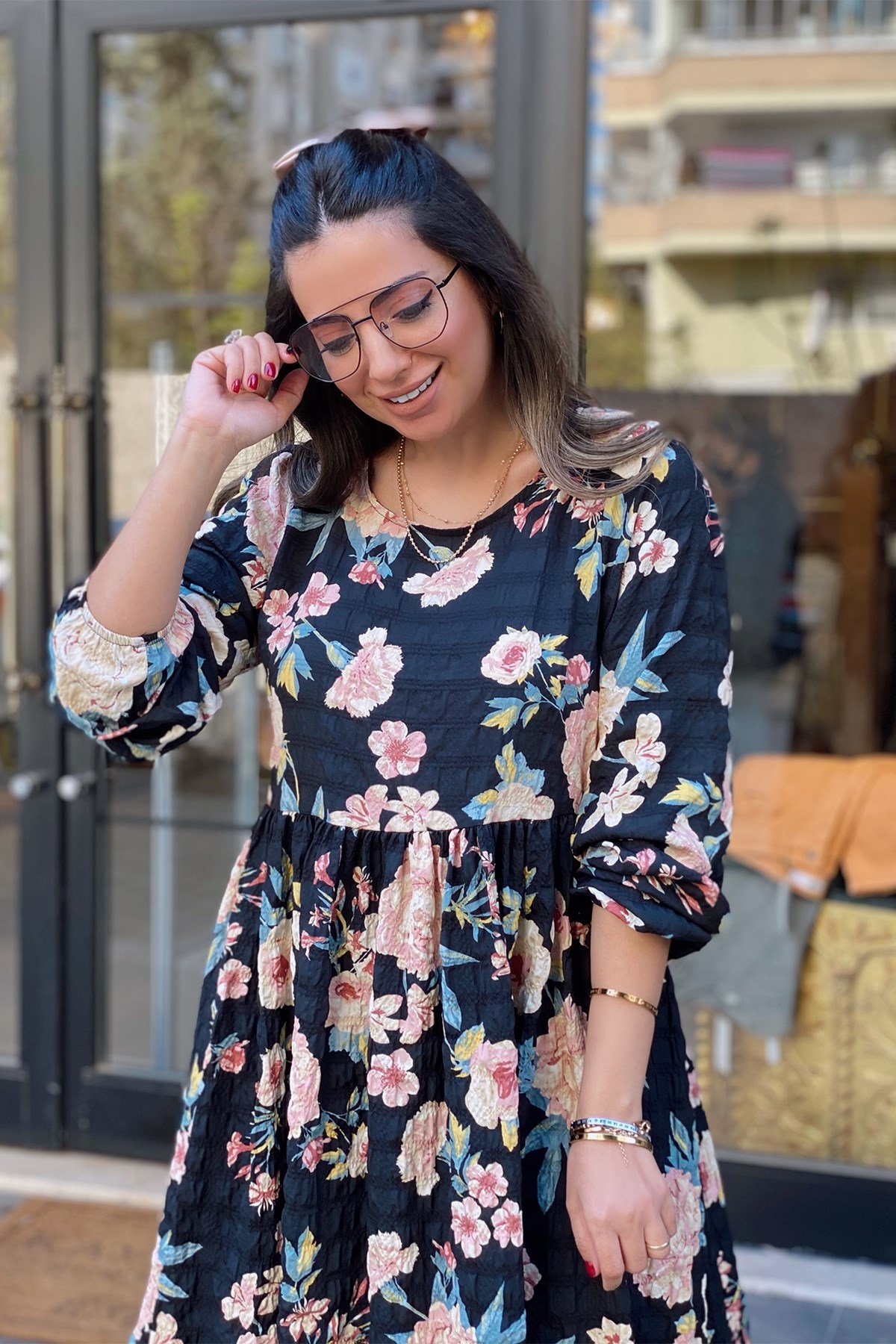 Bisiklet Yaka Çiçek Desenli Elbise