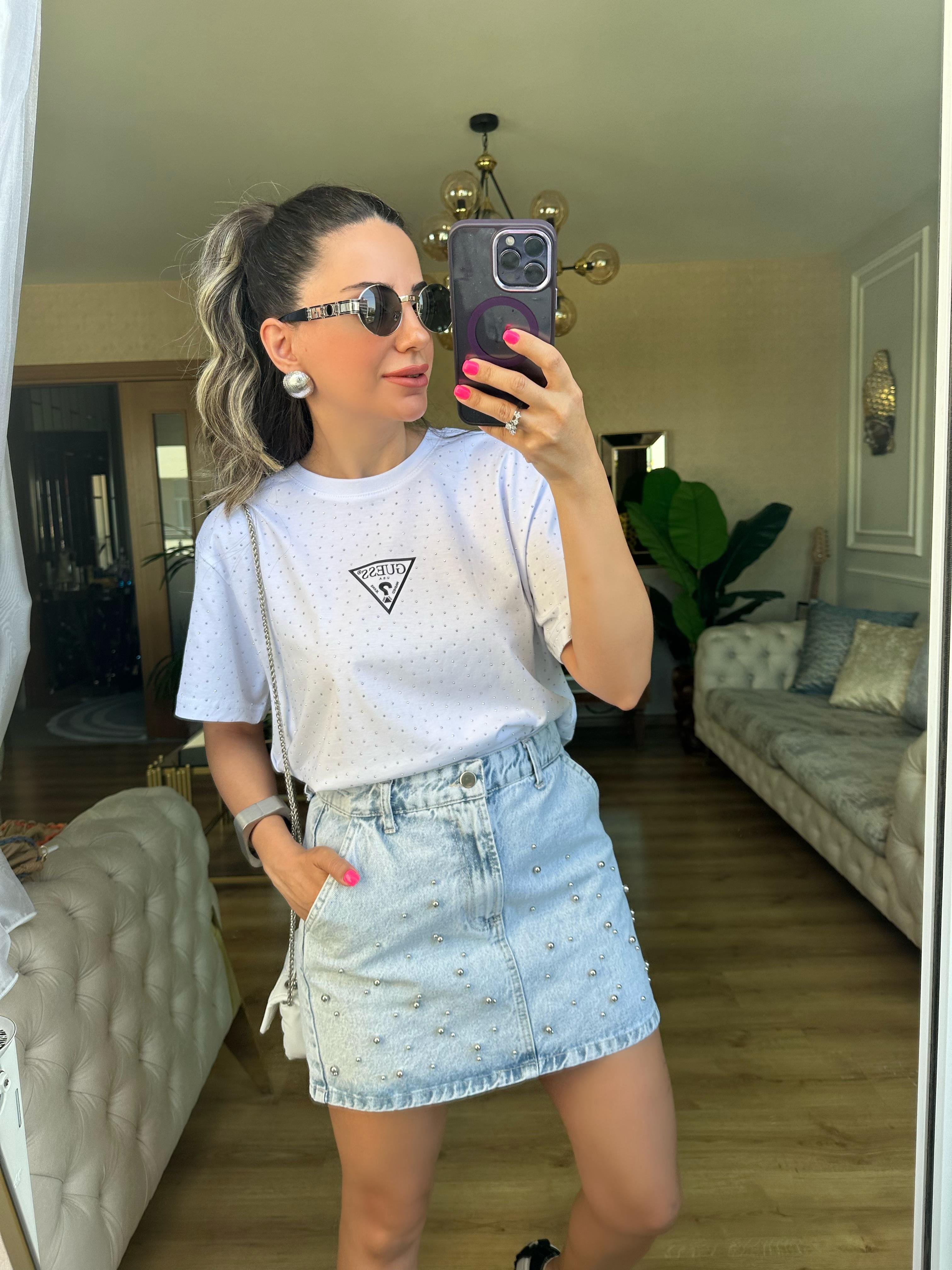 Boncuk İşlemeli Jean Etek