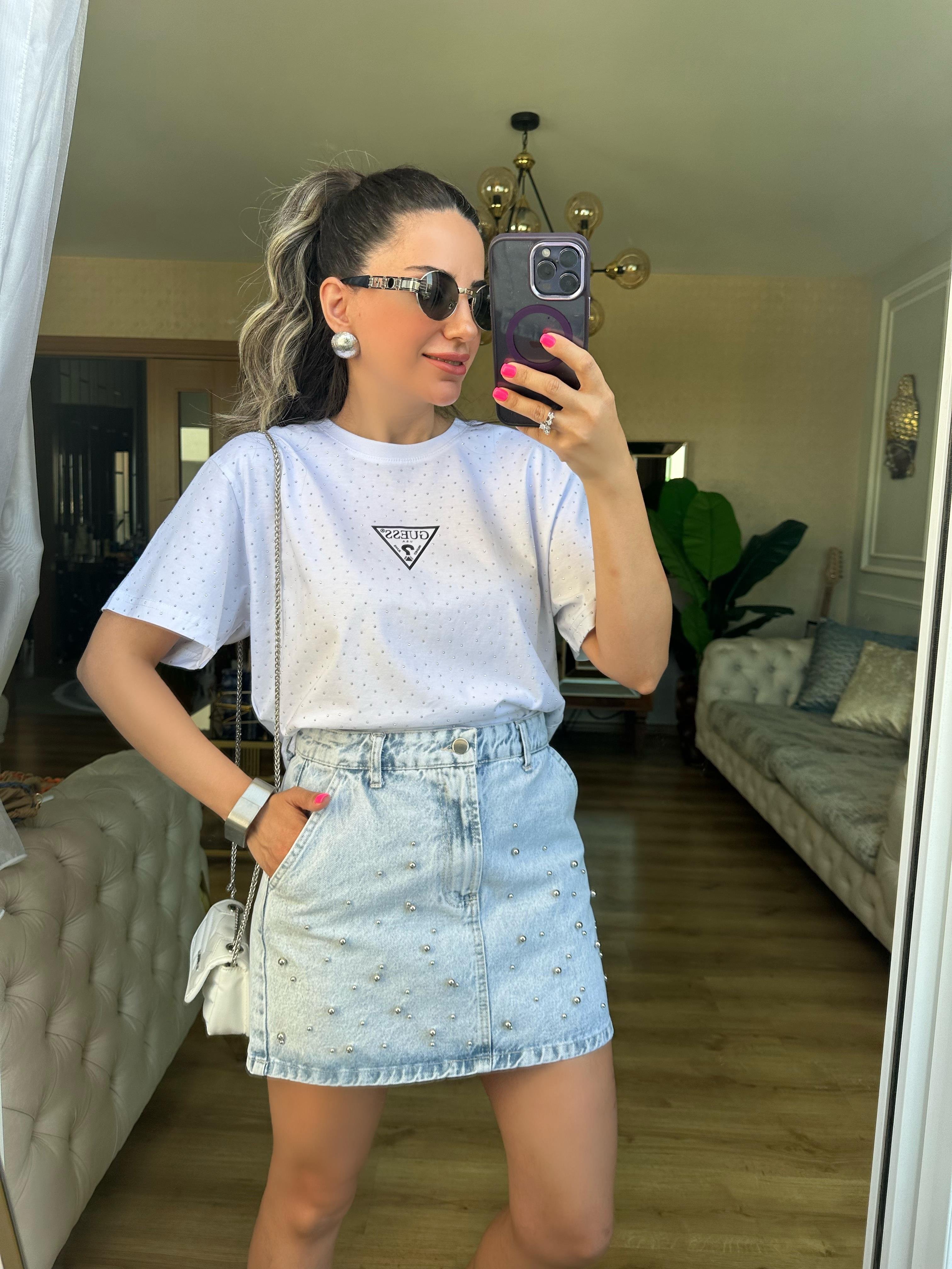 Boncuk İşlemeli Jean Etek