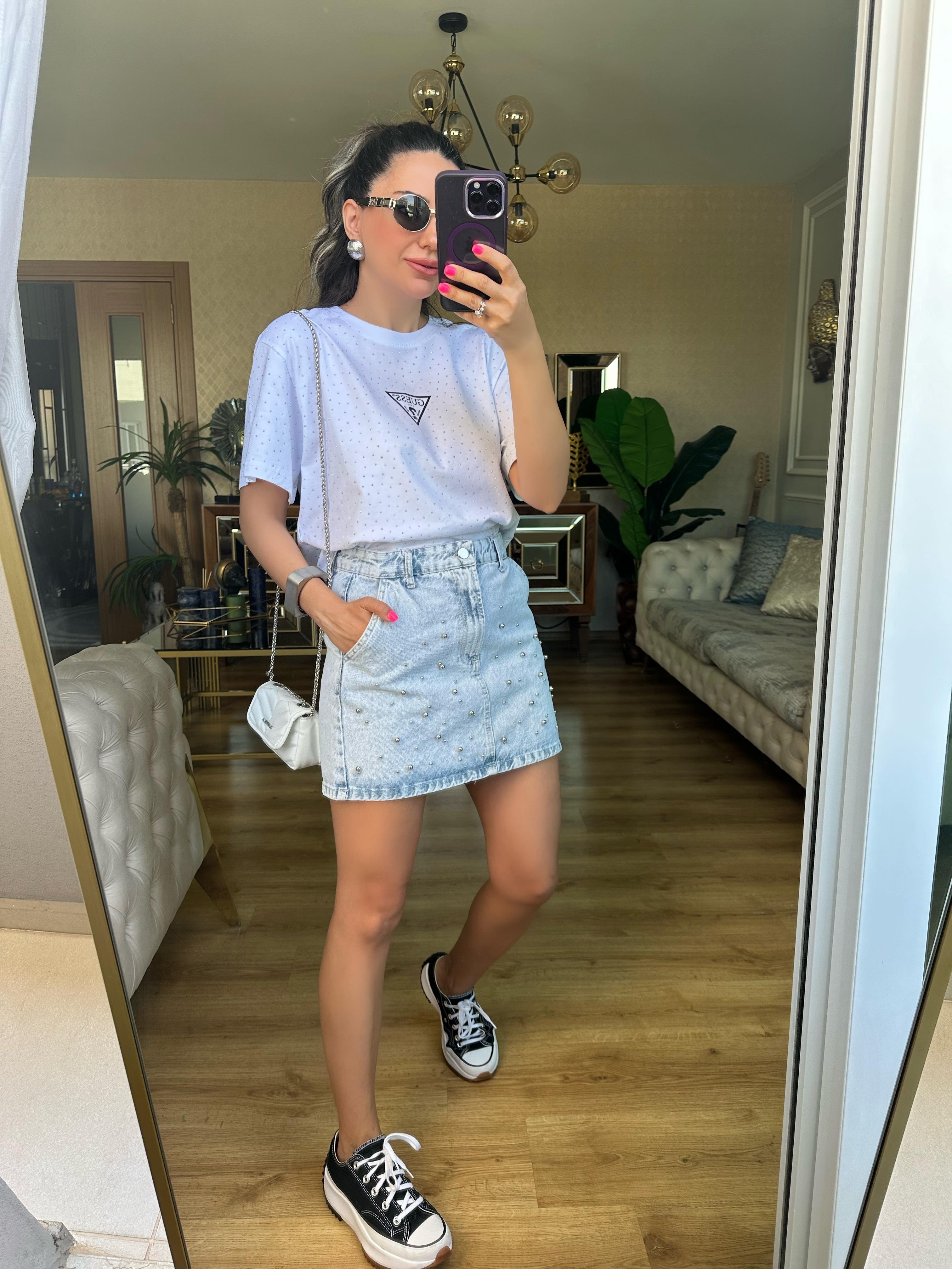 Boncuk İşlemeli Jean Etek