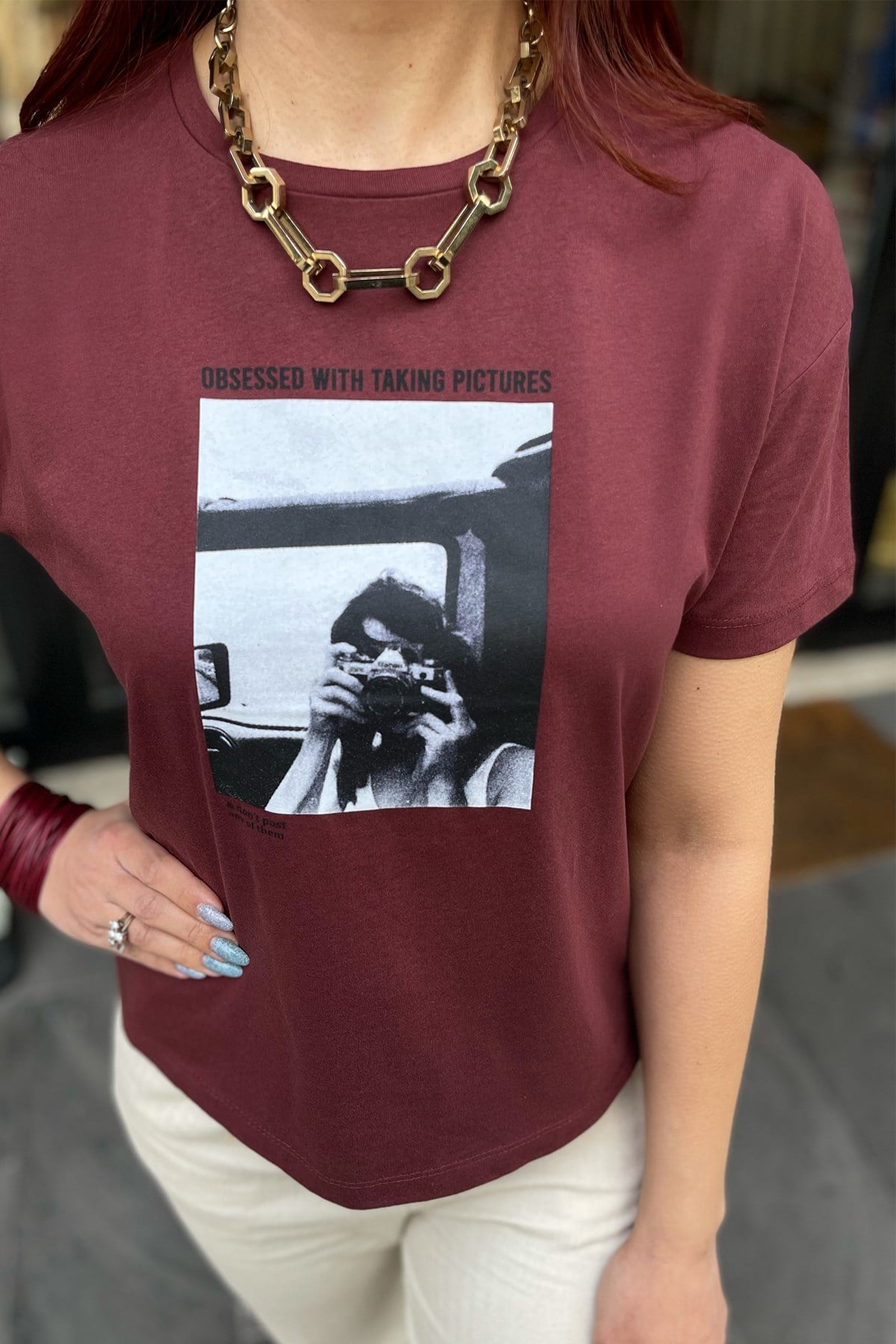 Bordo Baskı Detaylı Tshirt