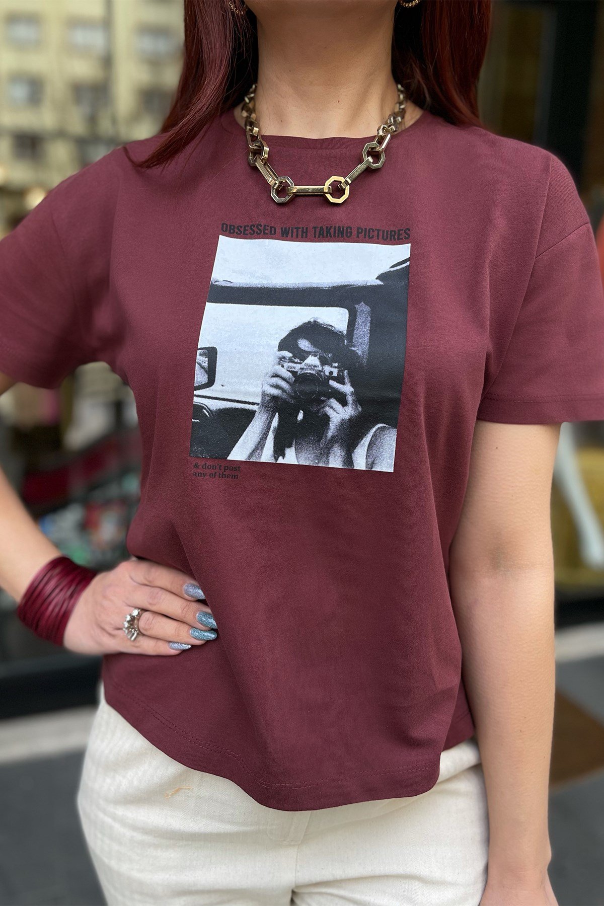 Bordo Baskı Detaylı Tshirt