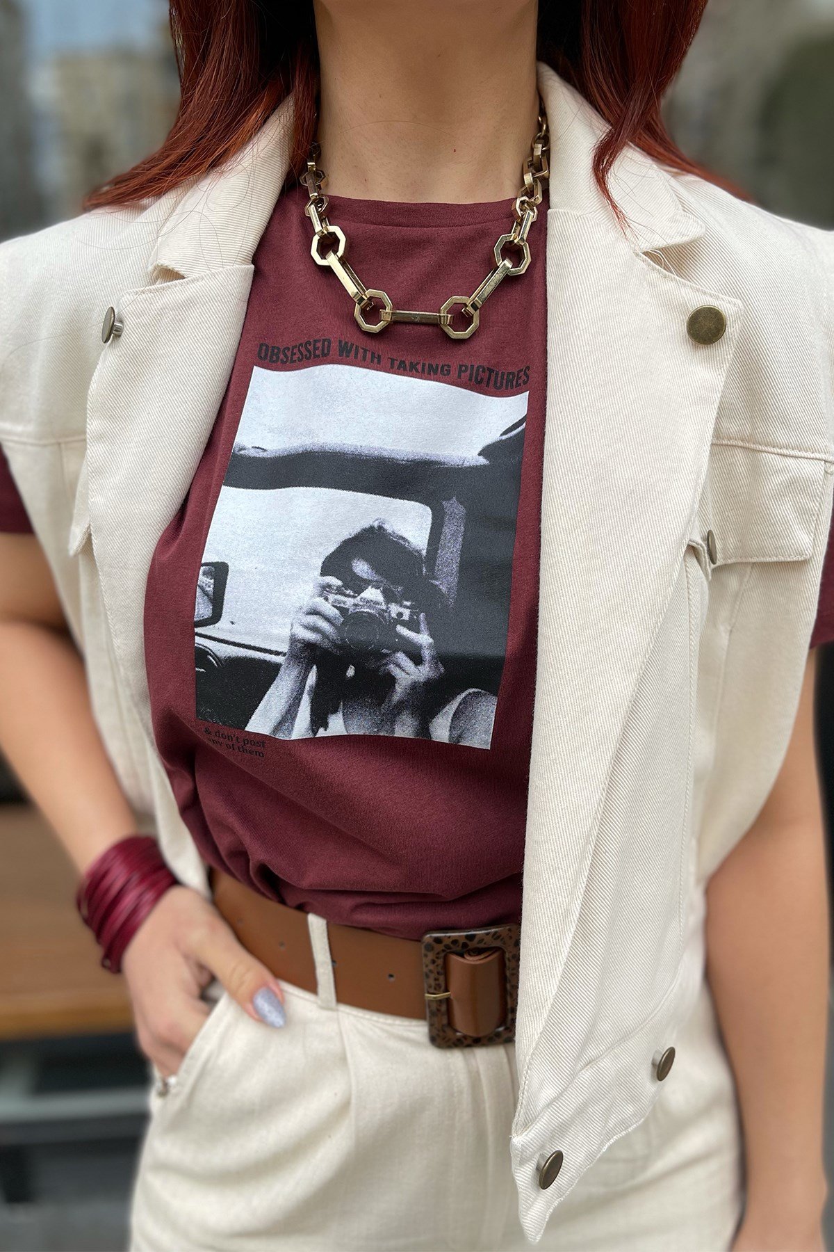 Bordo Baskı Detaylı Tshirt