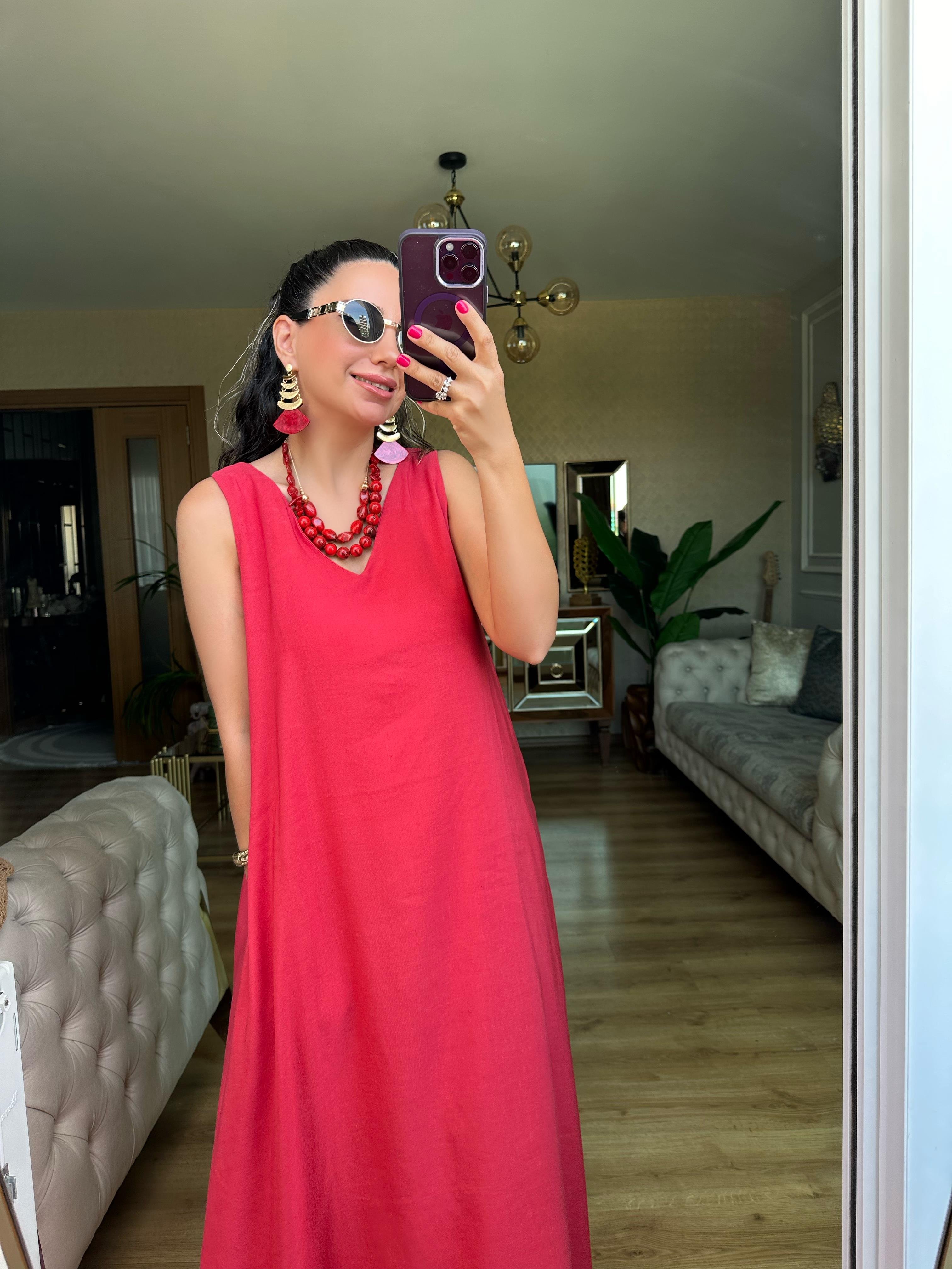Bordo Lastik Askılı Keten Elbise