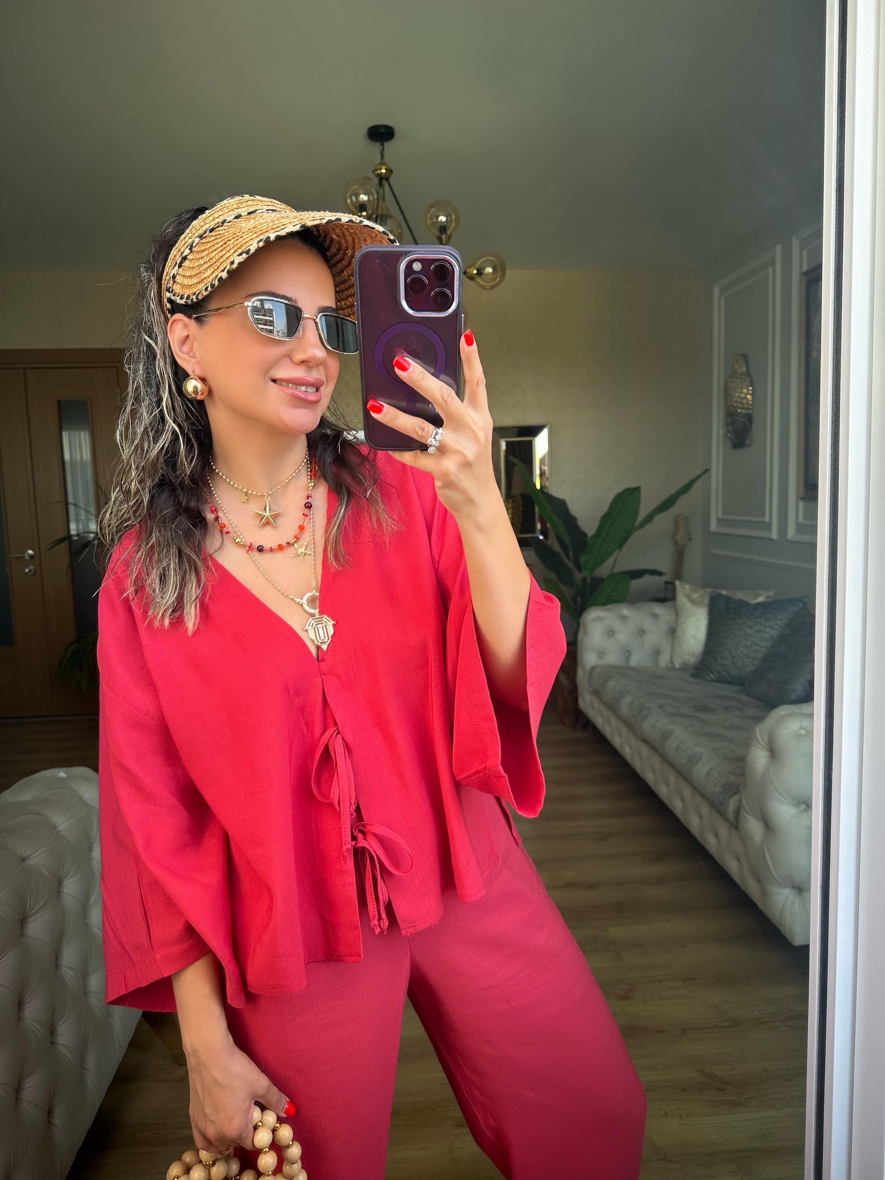 Bordo  Önden Bağcıklı Pantolon Gömlek Takım