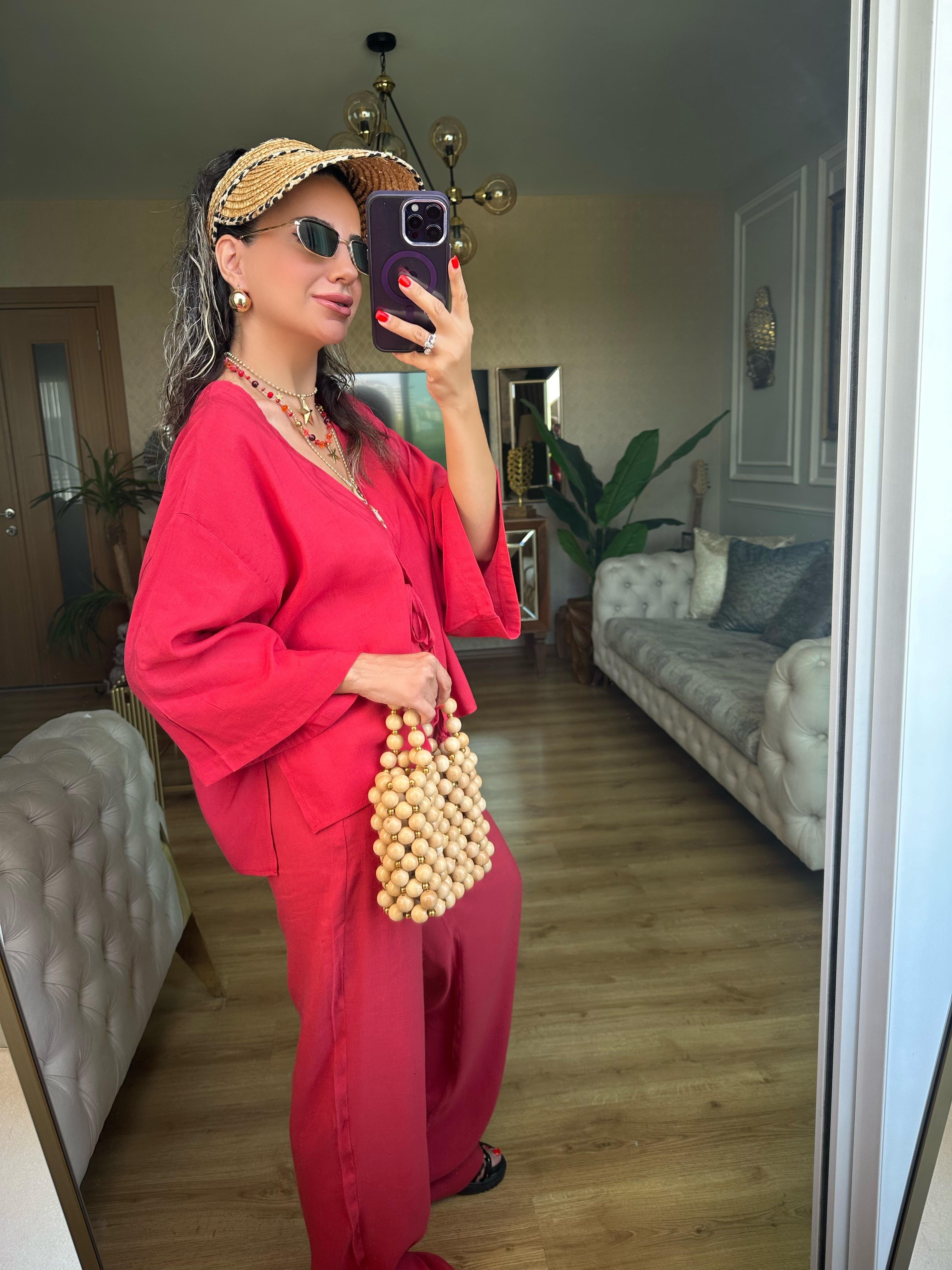 Bordo  Önden Bağcıklı Pantolon Gömlek Takım