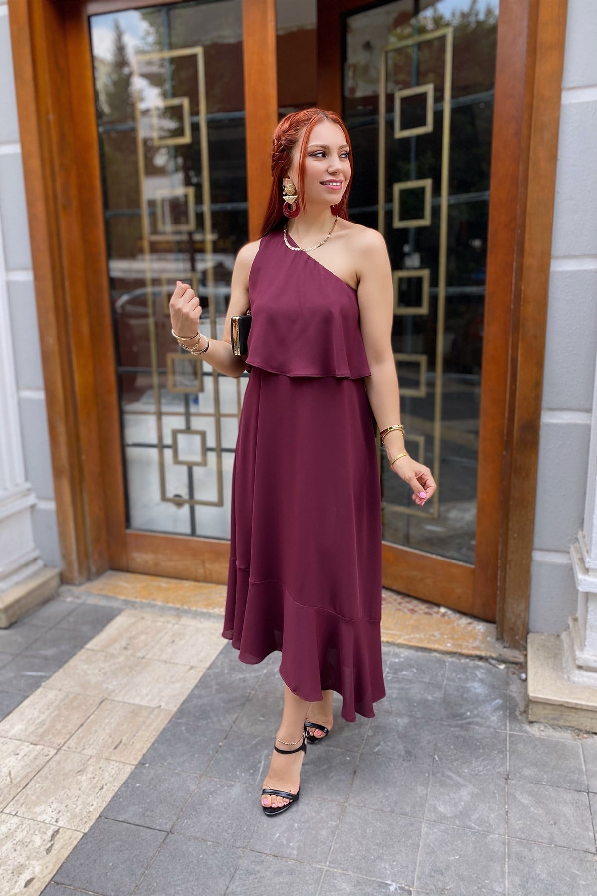 Bordo Tek Omuz Şifon Elbise