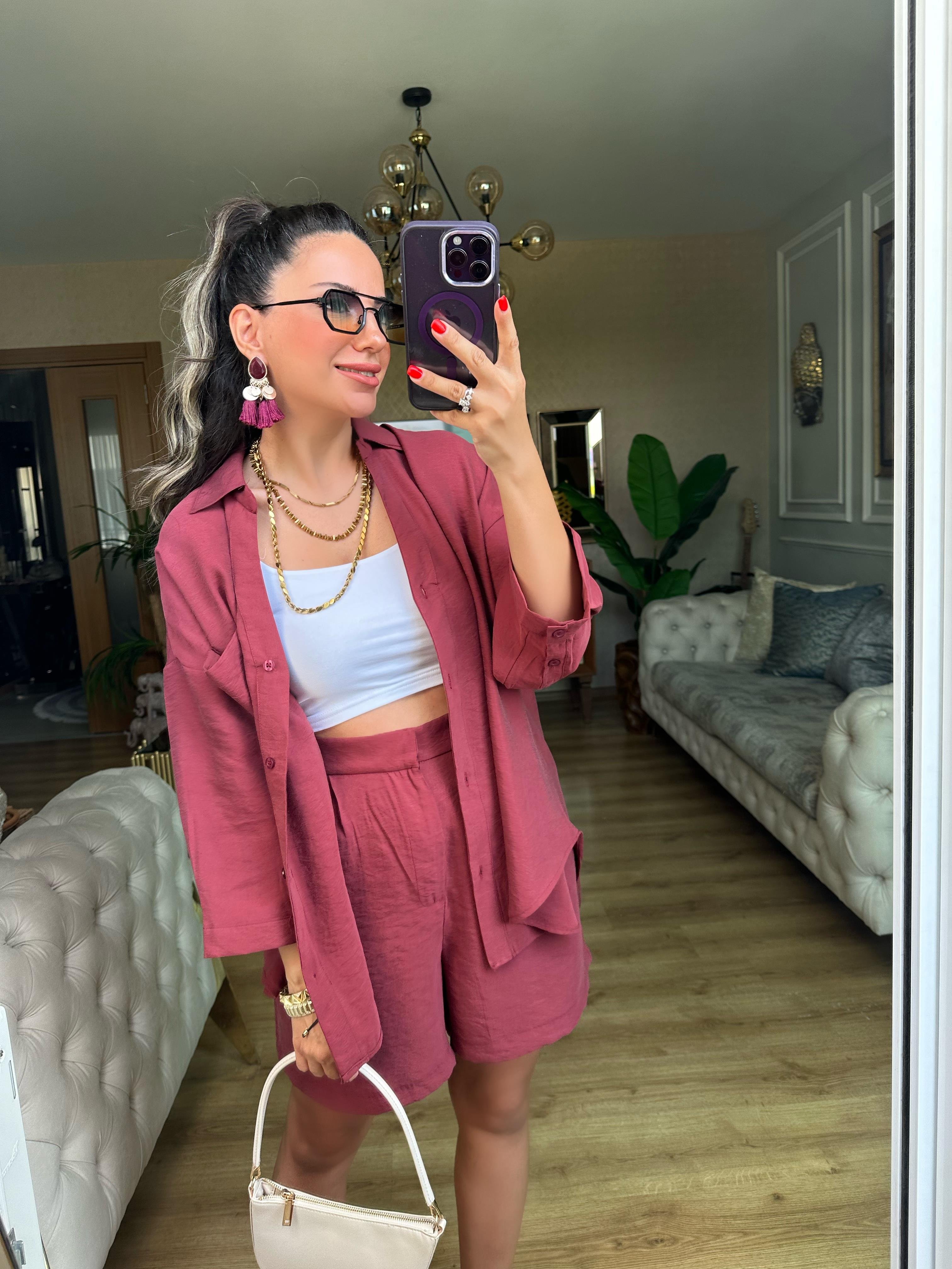 Bordo Tensel Şort Gömlek Takım