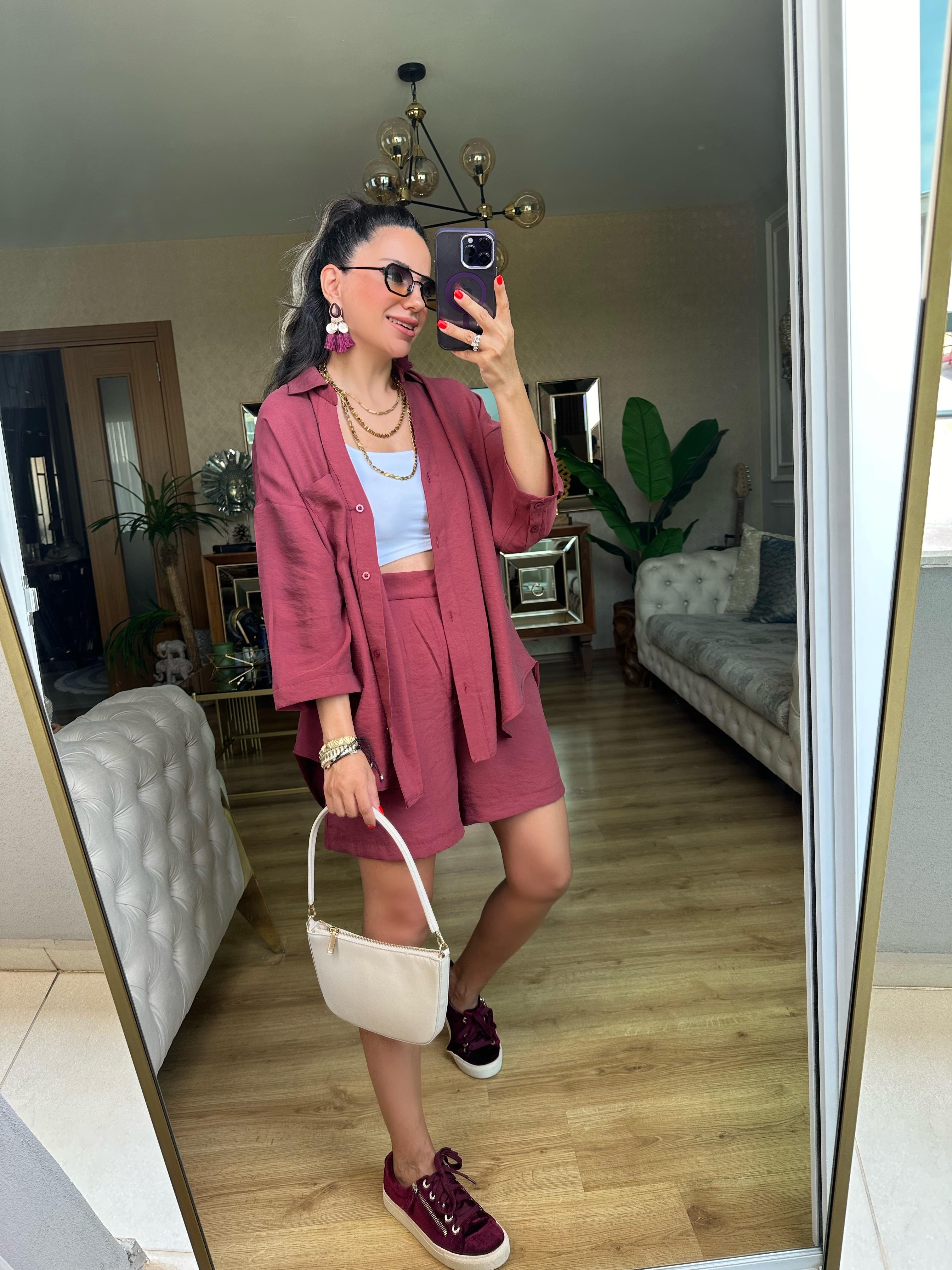 Bordo Tensel Şort Gömlek Takım