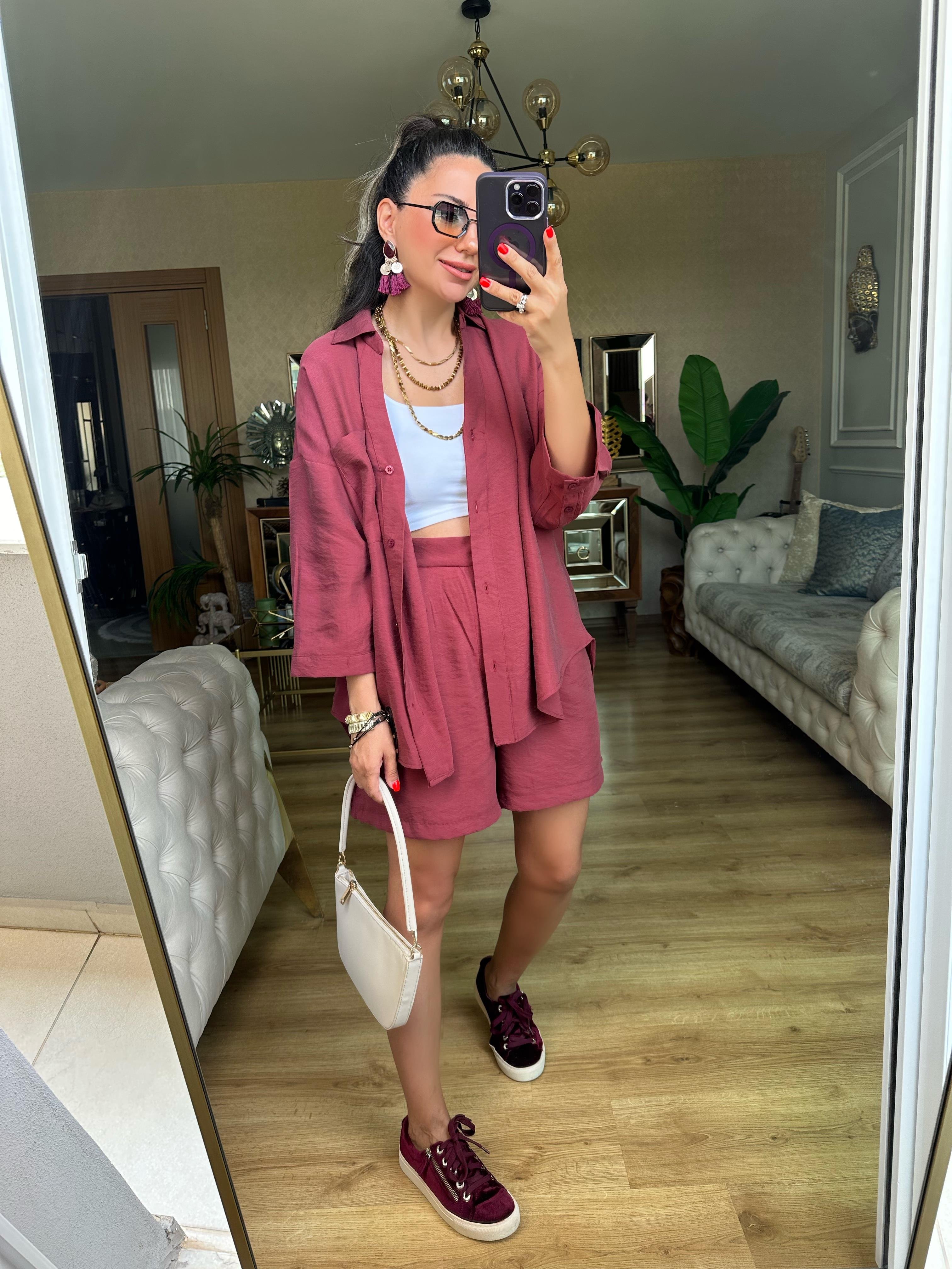 Bordo Tensel Şort Gömlek Takım