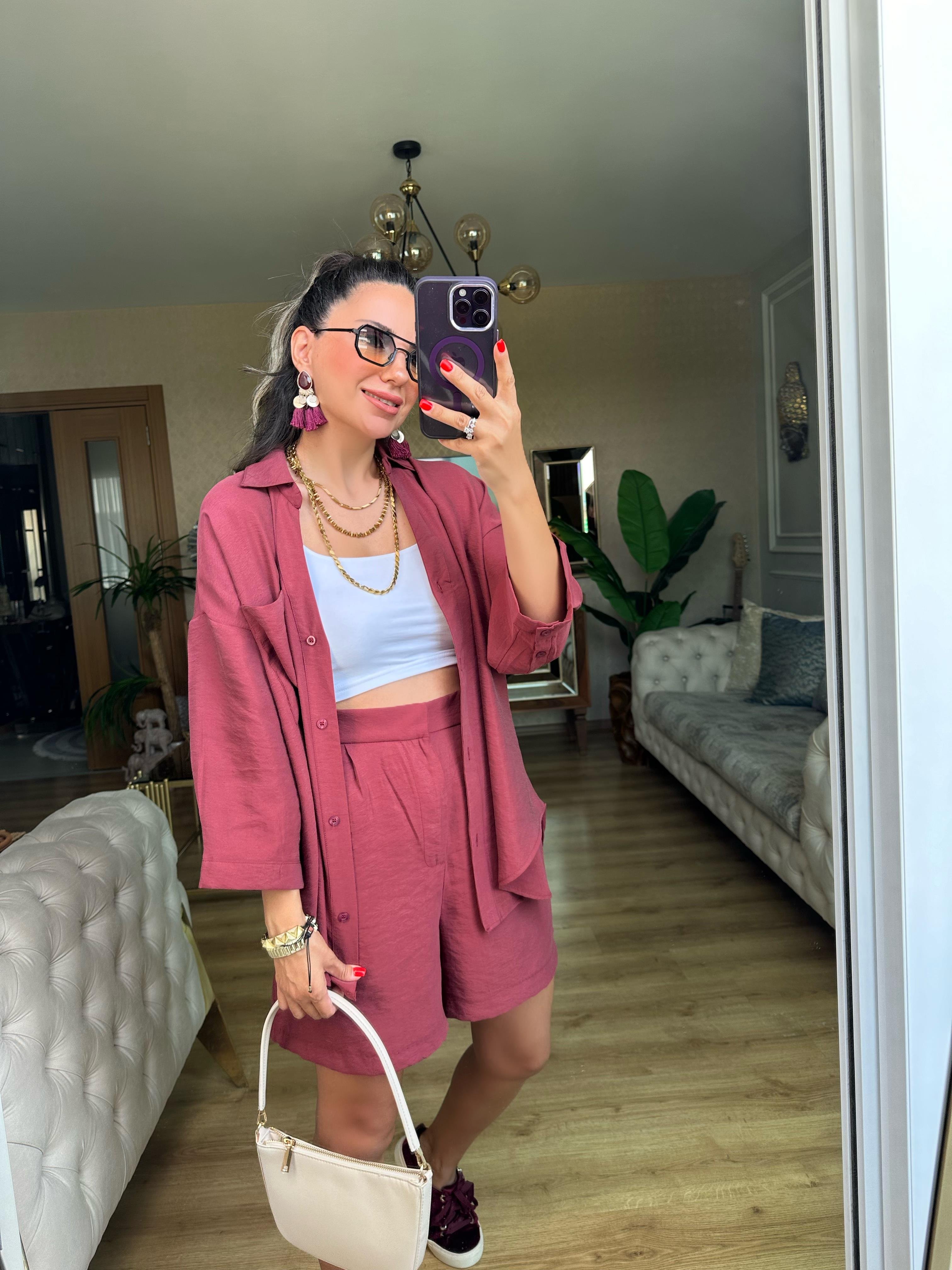 Bordo Tensel Şort Gömlek Takım