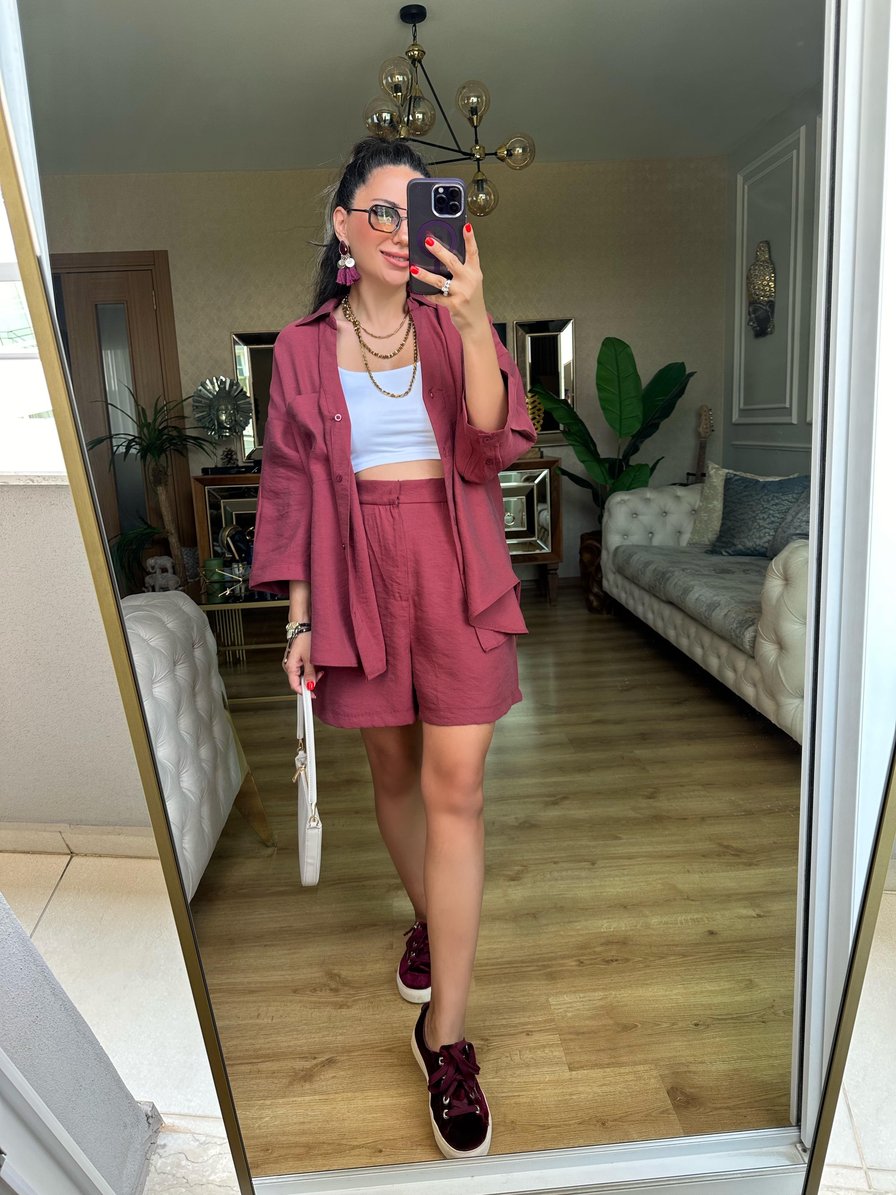 Bordo Tensel Şort Gömlek Takım