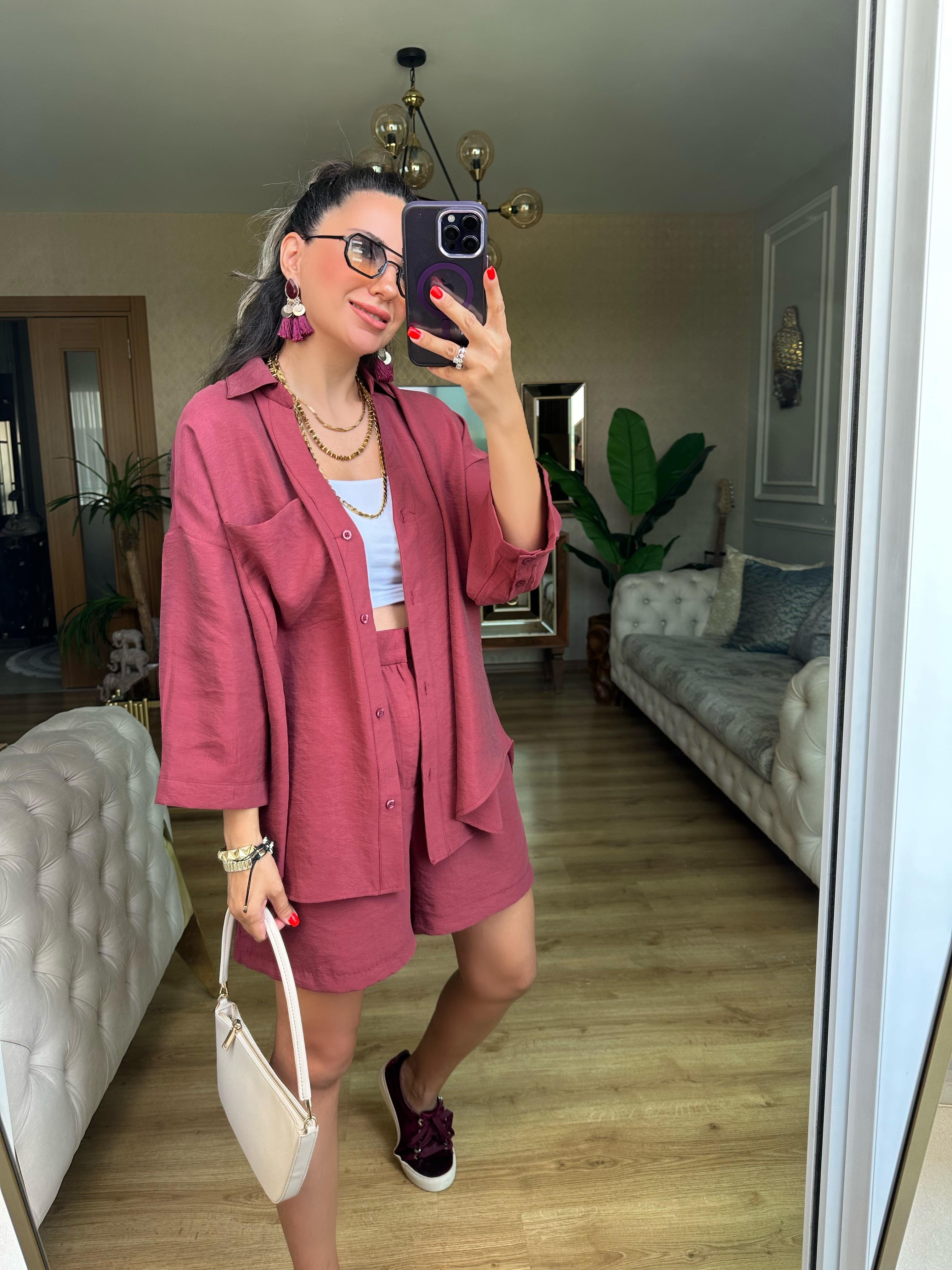 Bordo Tensel Şort Gömlek Takım