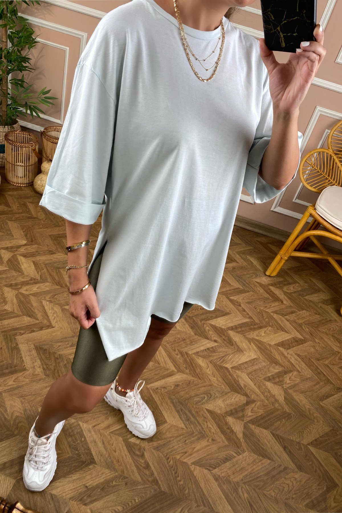 Buz Mavi Basic Uzun Boyfriend Tshirt