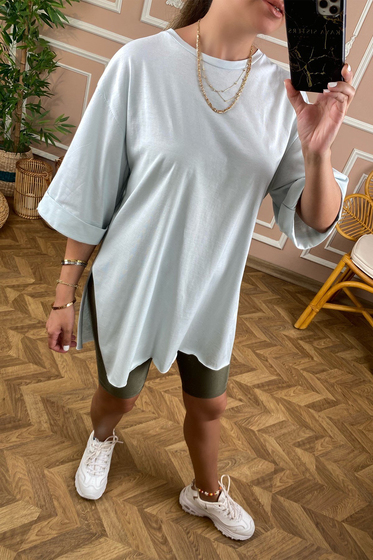 Buz Mavi Basic Uzun Boyfriend Tshirt