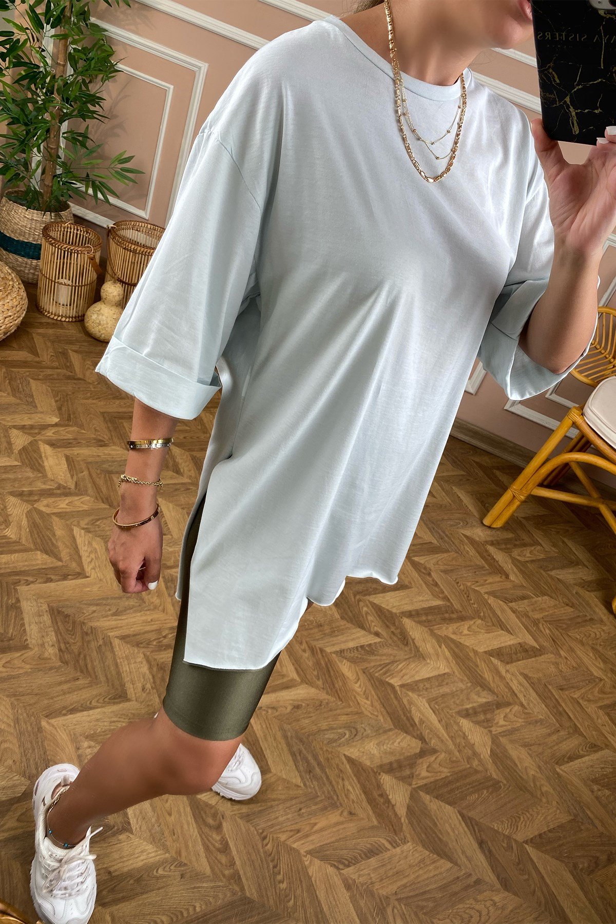 Buz Mavi Basic Uzun Boyfriend Tshirt