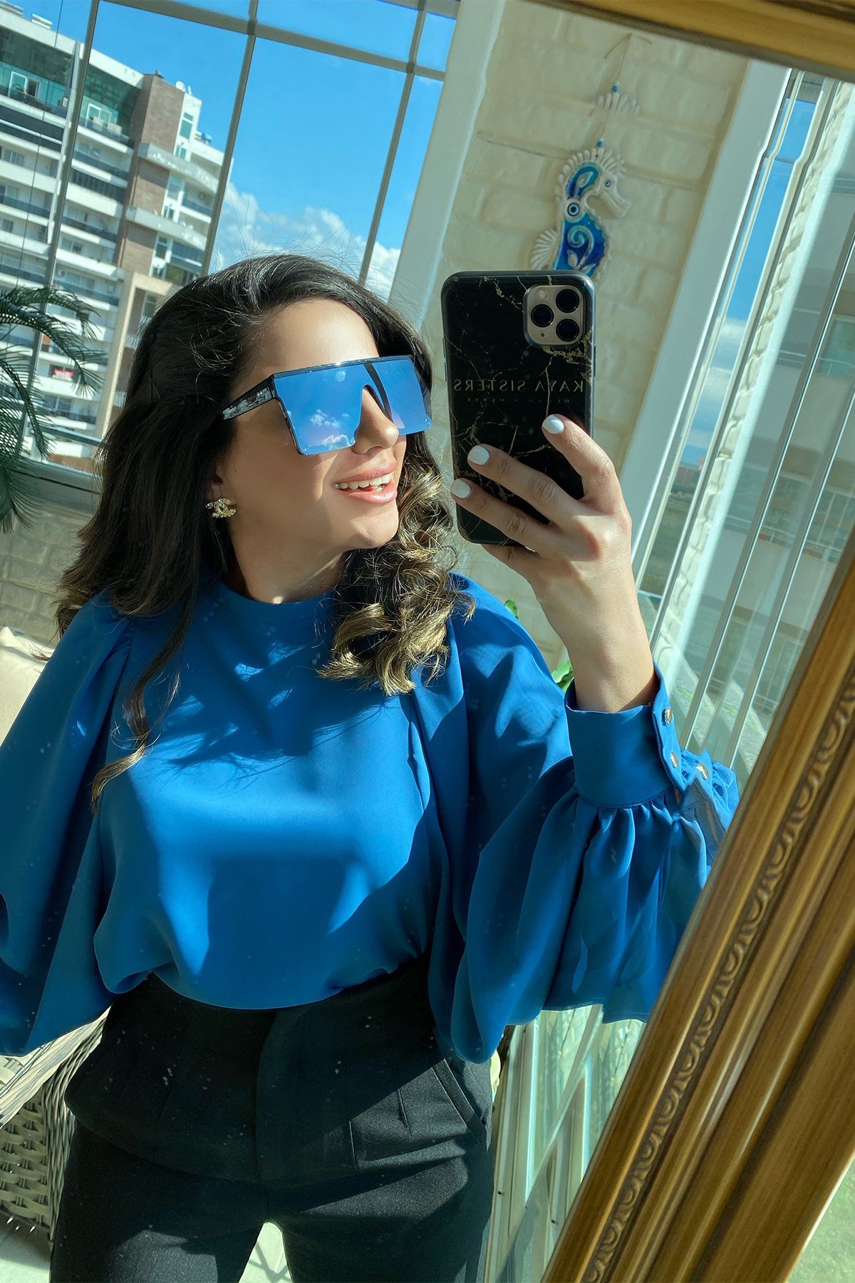 Büzgülü Balon Kol Mavi Bluz