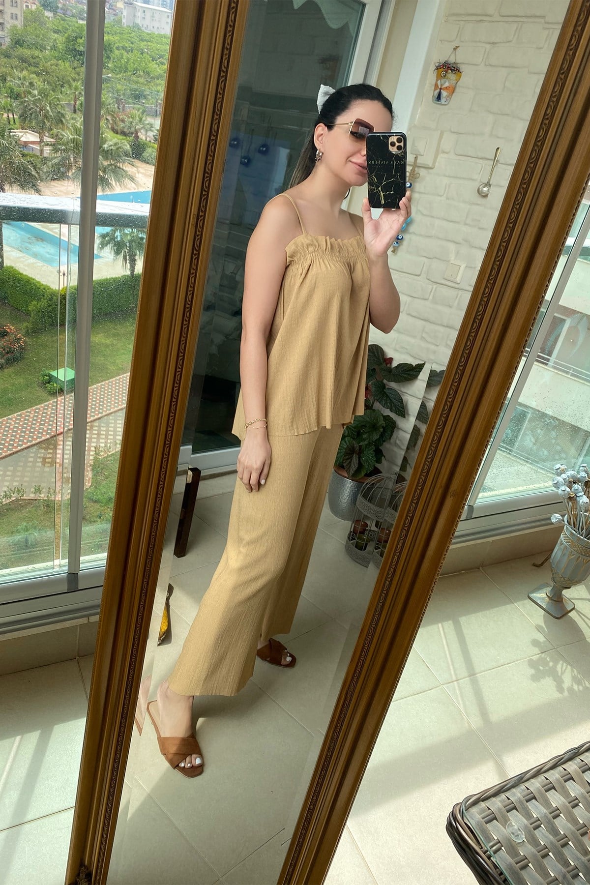 Camel Askılı Bluz Pantolon Takım