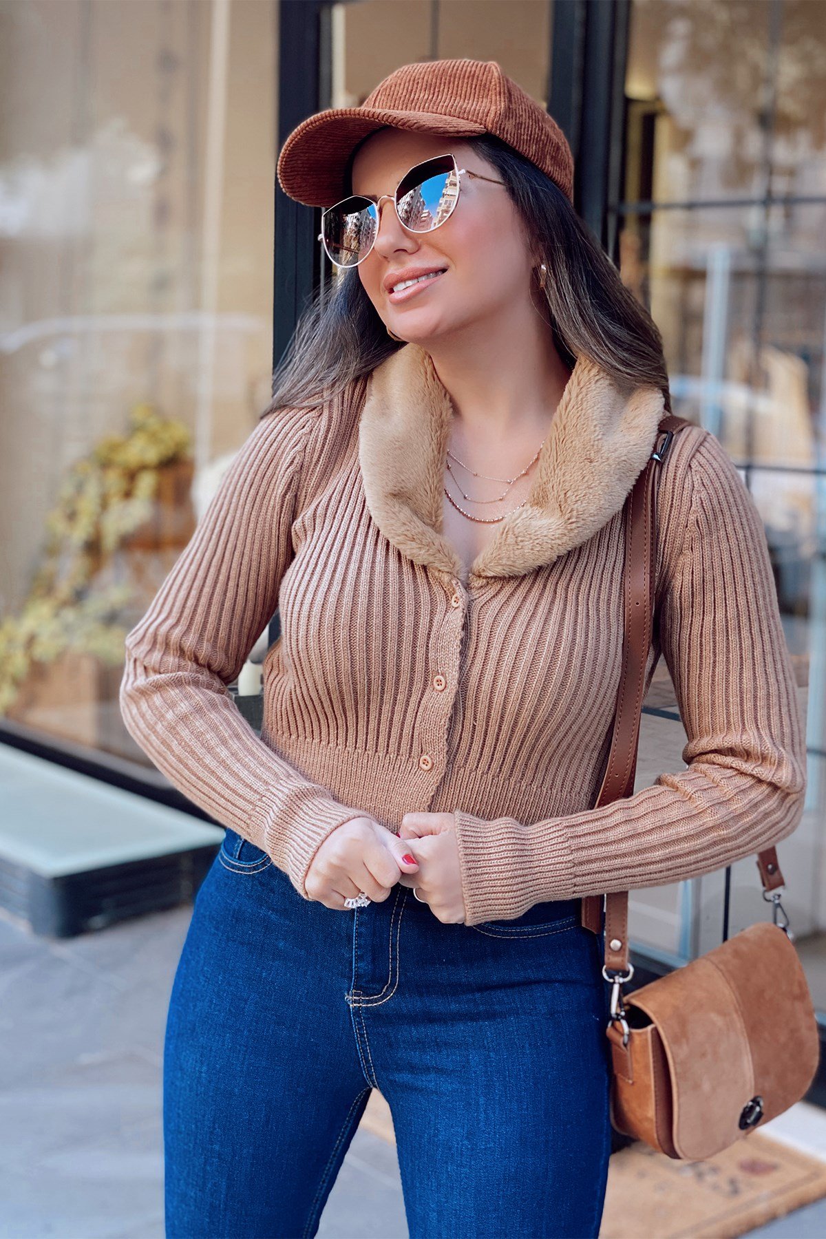 Camel Kürklü Kısa Hırka 