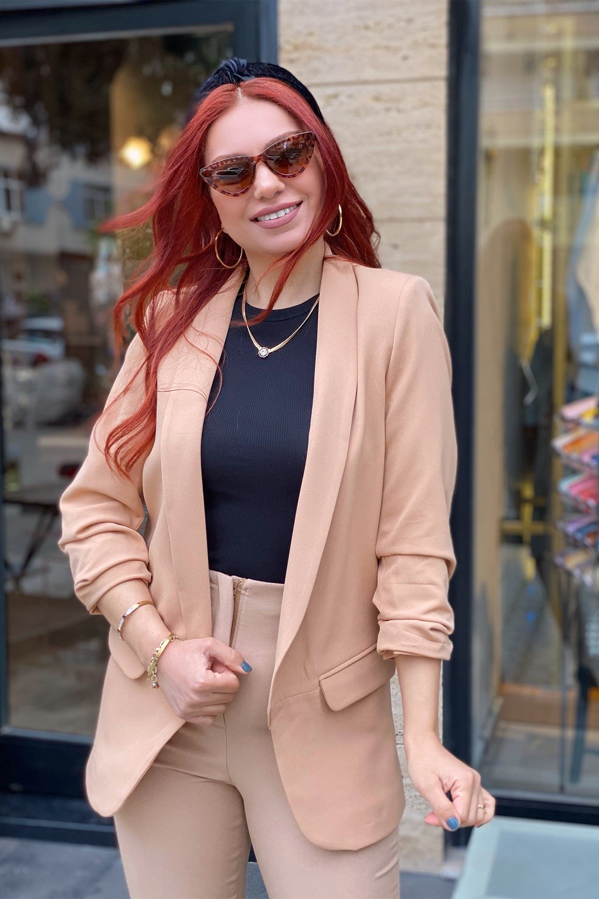 Camel Renk Kolu Katlamalı Blazer Ceket