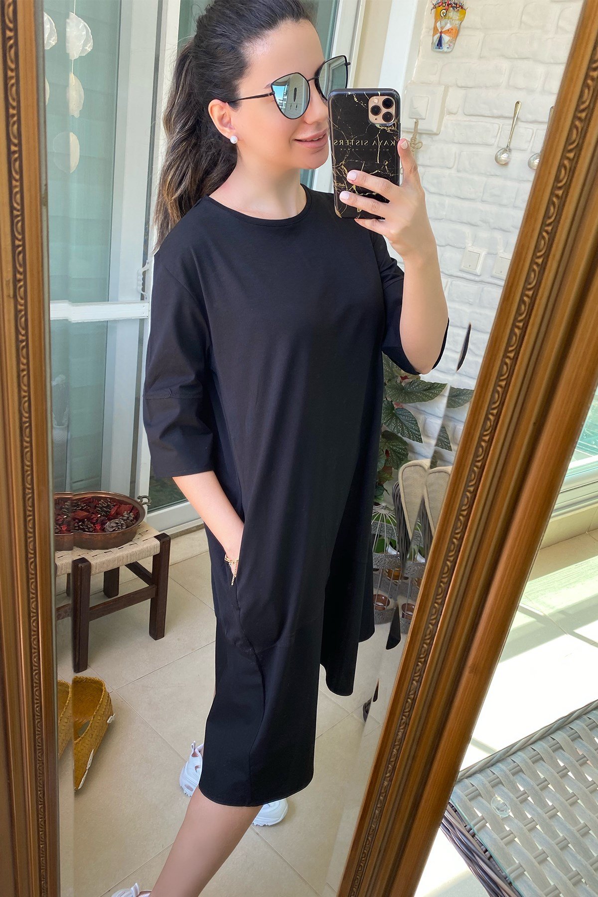 Cepli  Siyah Geniş Kesim Elbise