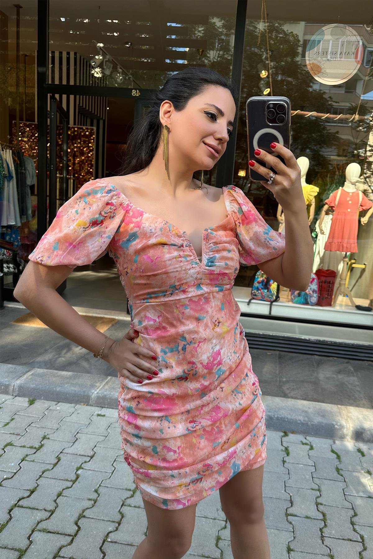 Çiçek Desenli Balon Kol Elbise