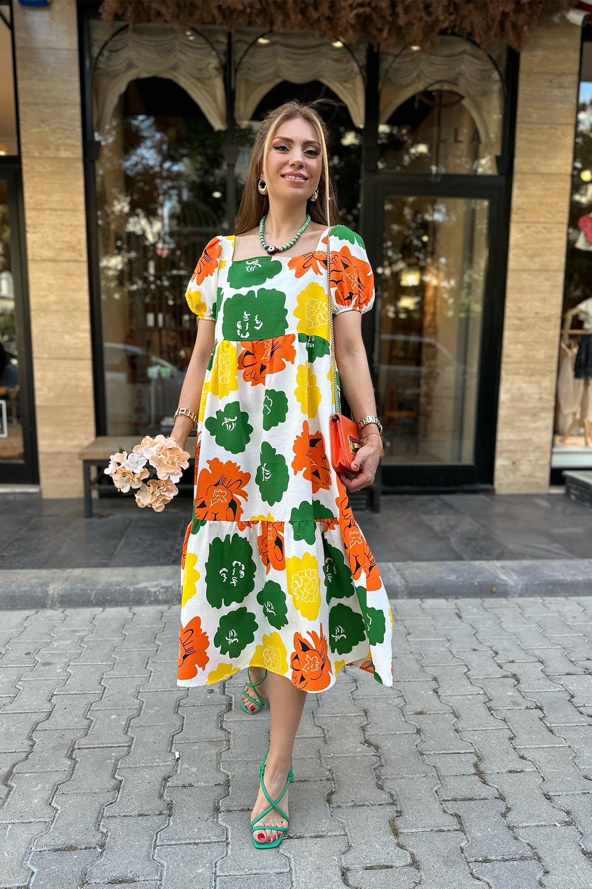 Çiçek Desenli Yarım Kol Elbise