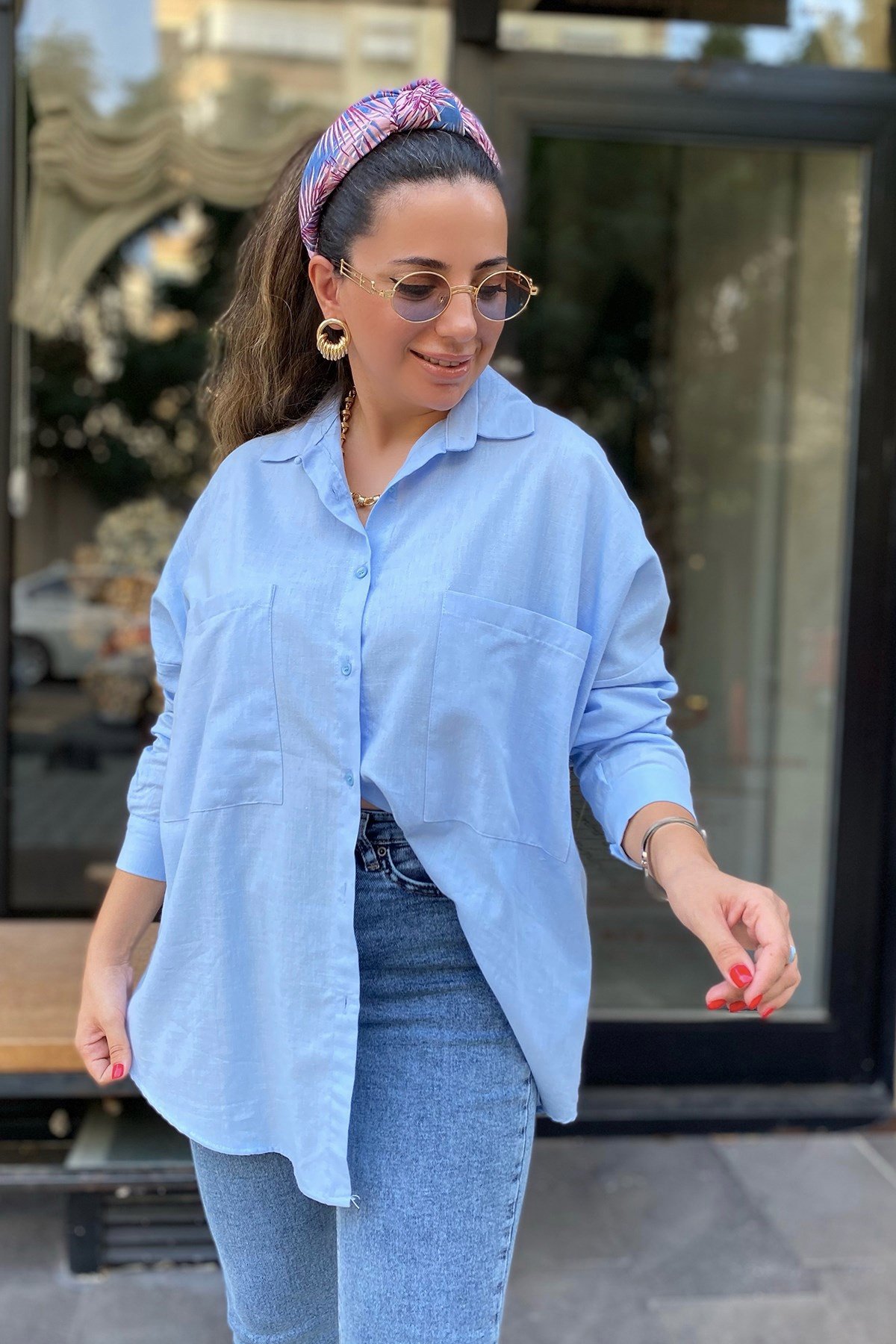 Çift Cepli Açık Mavi Oversize Gömlek