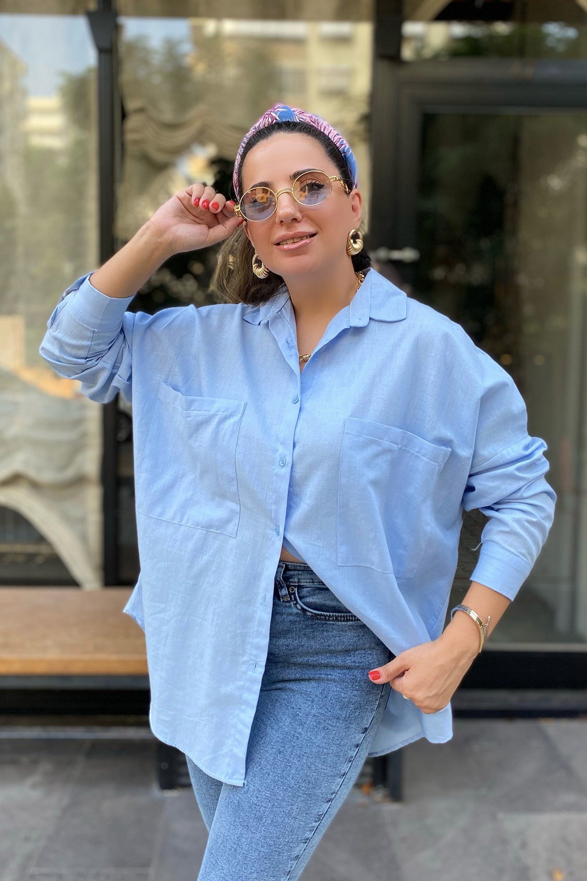 Çift Cepli Açık Mavi Oversize Gömlek