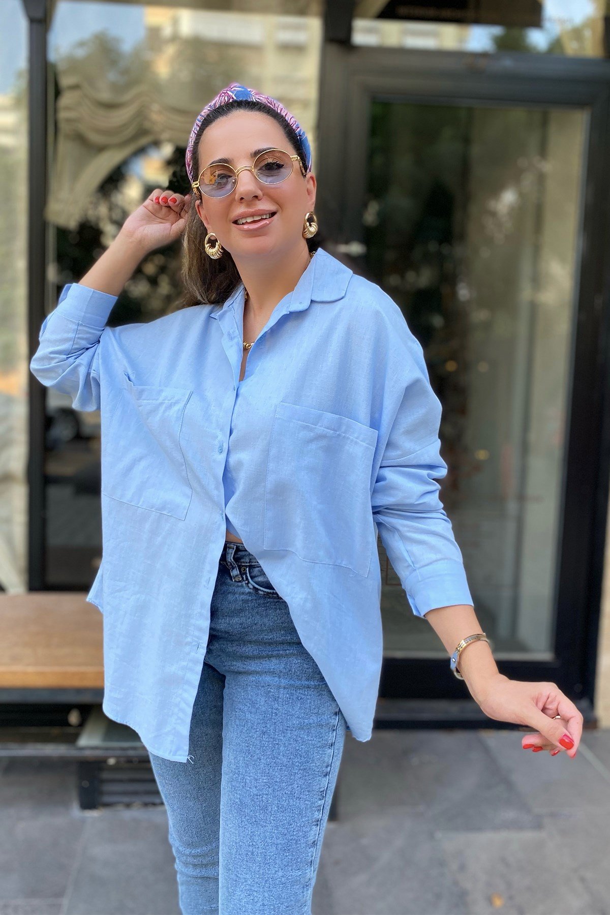 Çift Cepli Açık Mavi Oversize Gömlek
