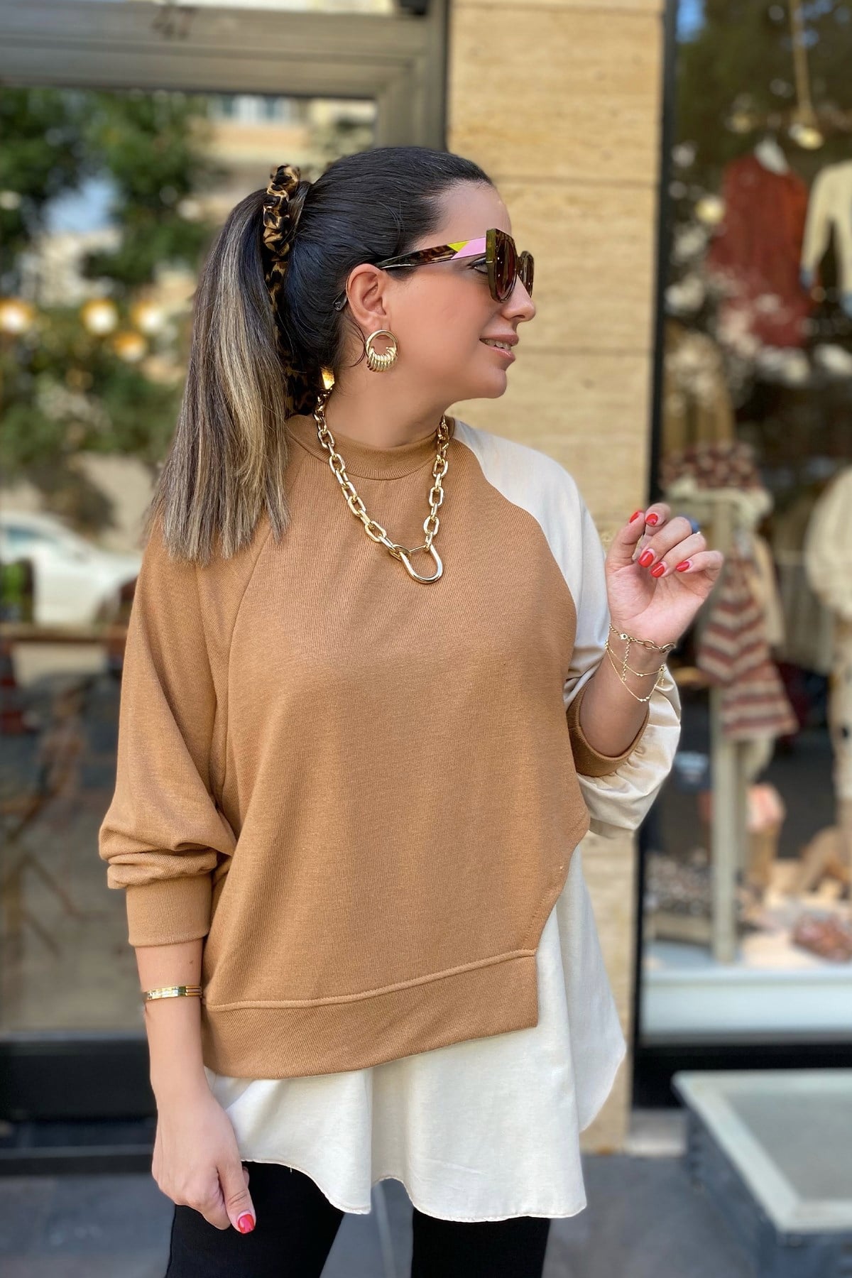 Çift Renk  Ekru Sweatshirt