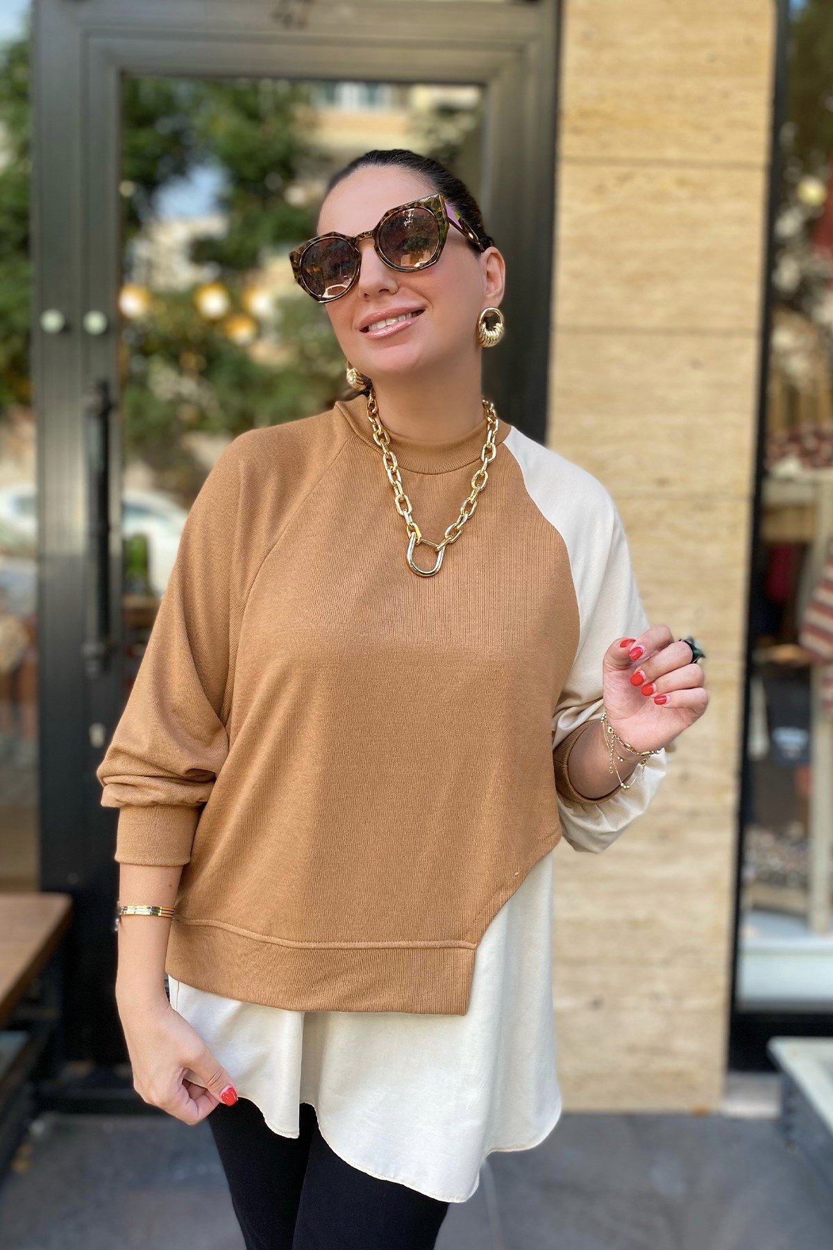 Çift Renk  Ekru Sweatshirt