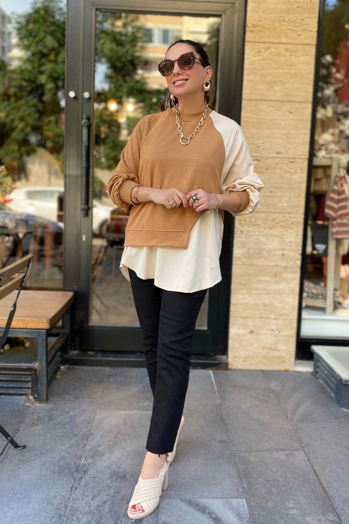 Çift Renk  Ekru Sweatshirt