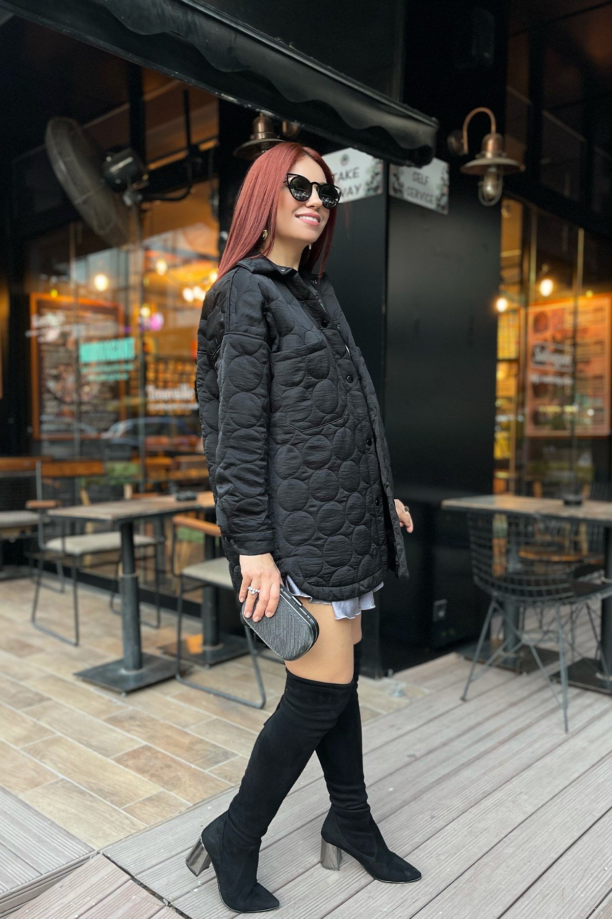 Çıtçıtlı Kapitone Siyah Ceket