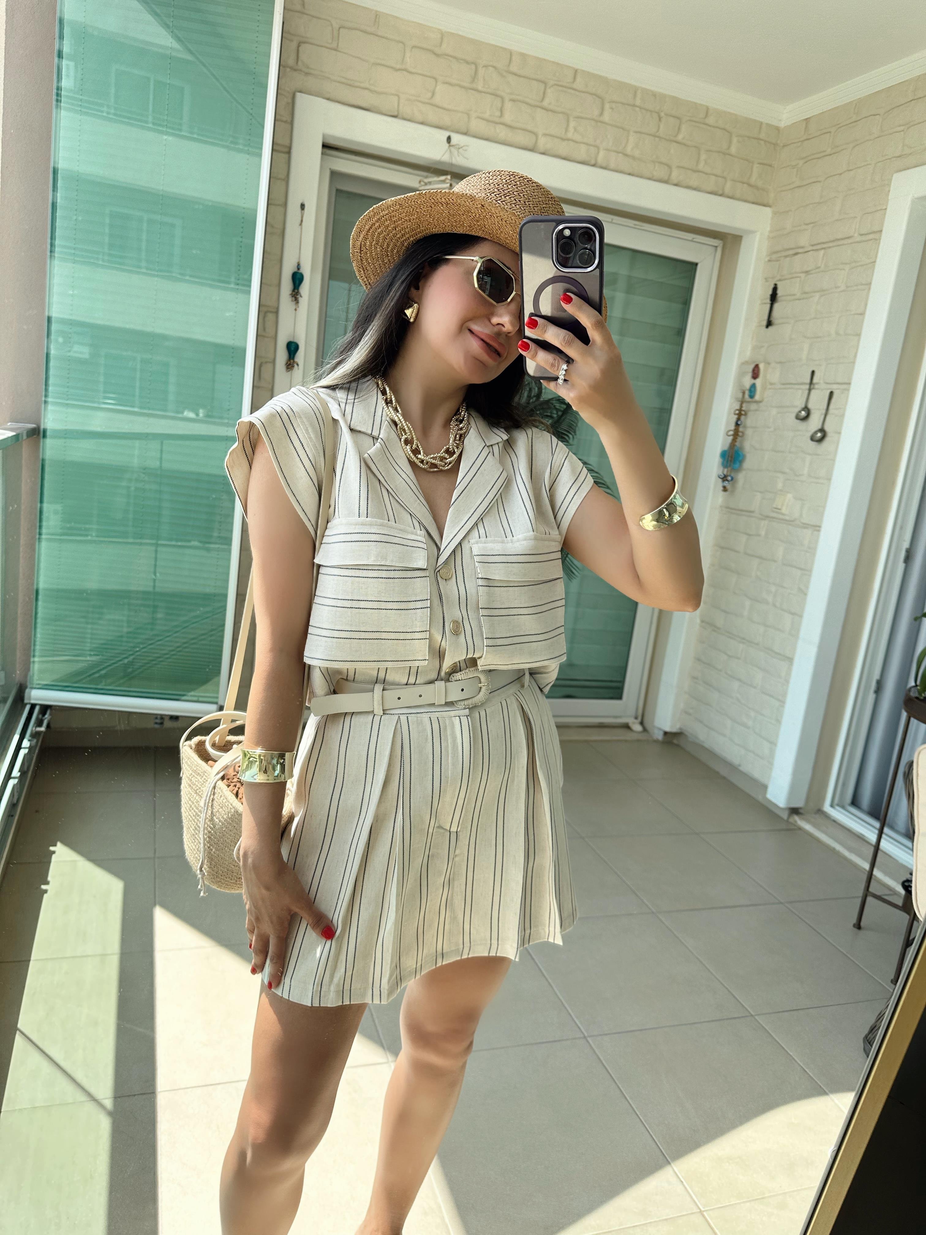 Çizgili Kendinden Kemerli Şort Gömlek Takım