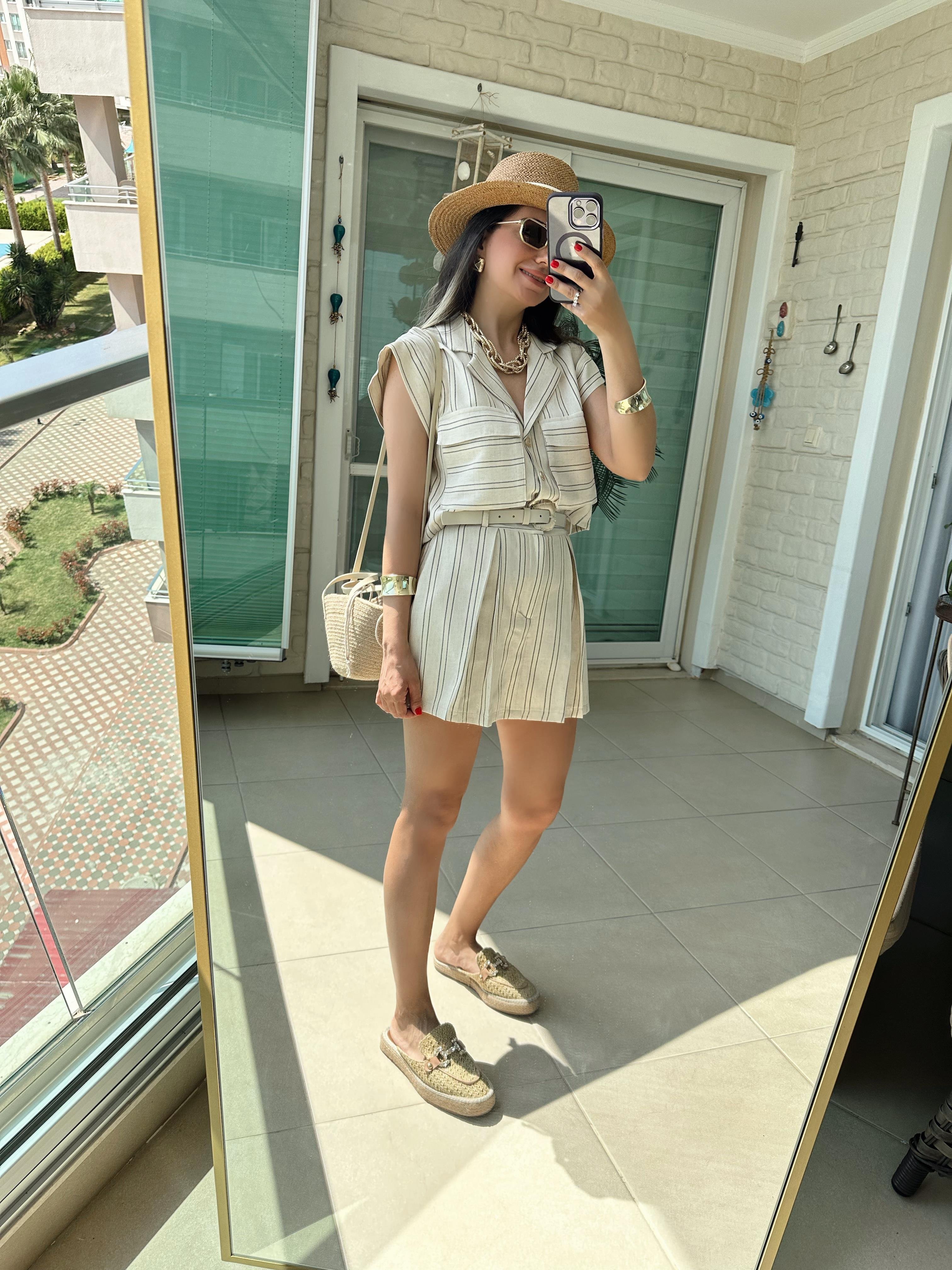 Çizgili Kendinden Kemerli Şort Gömlek Takım