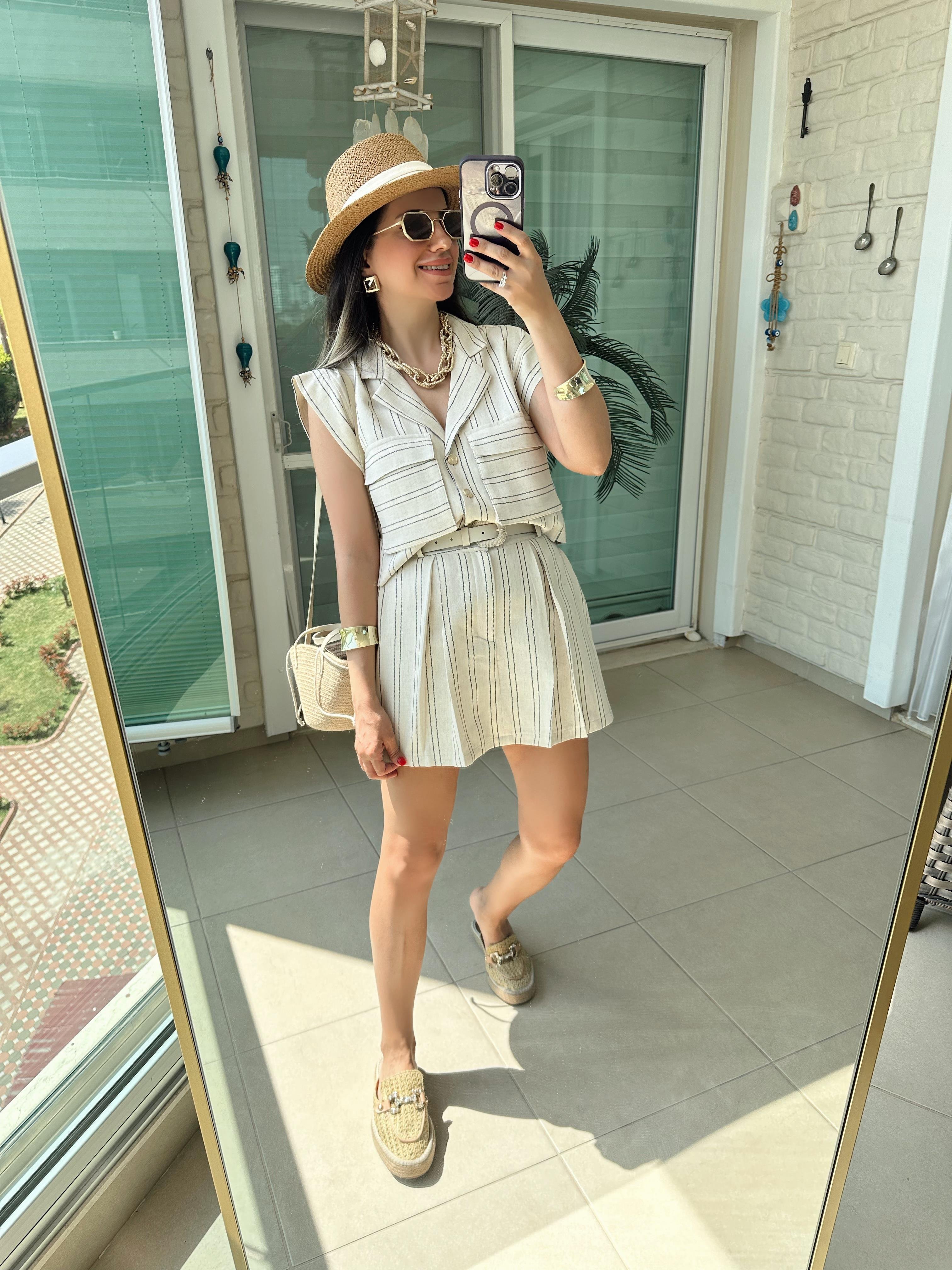 Çizgili Kendinden Kemerli Şort Gömlek Takım