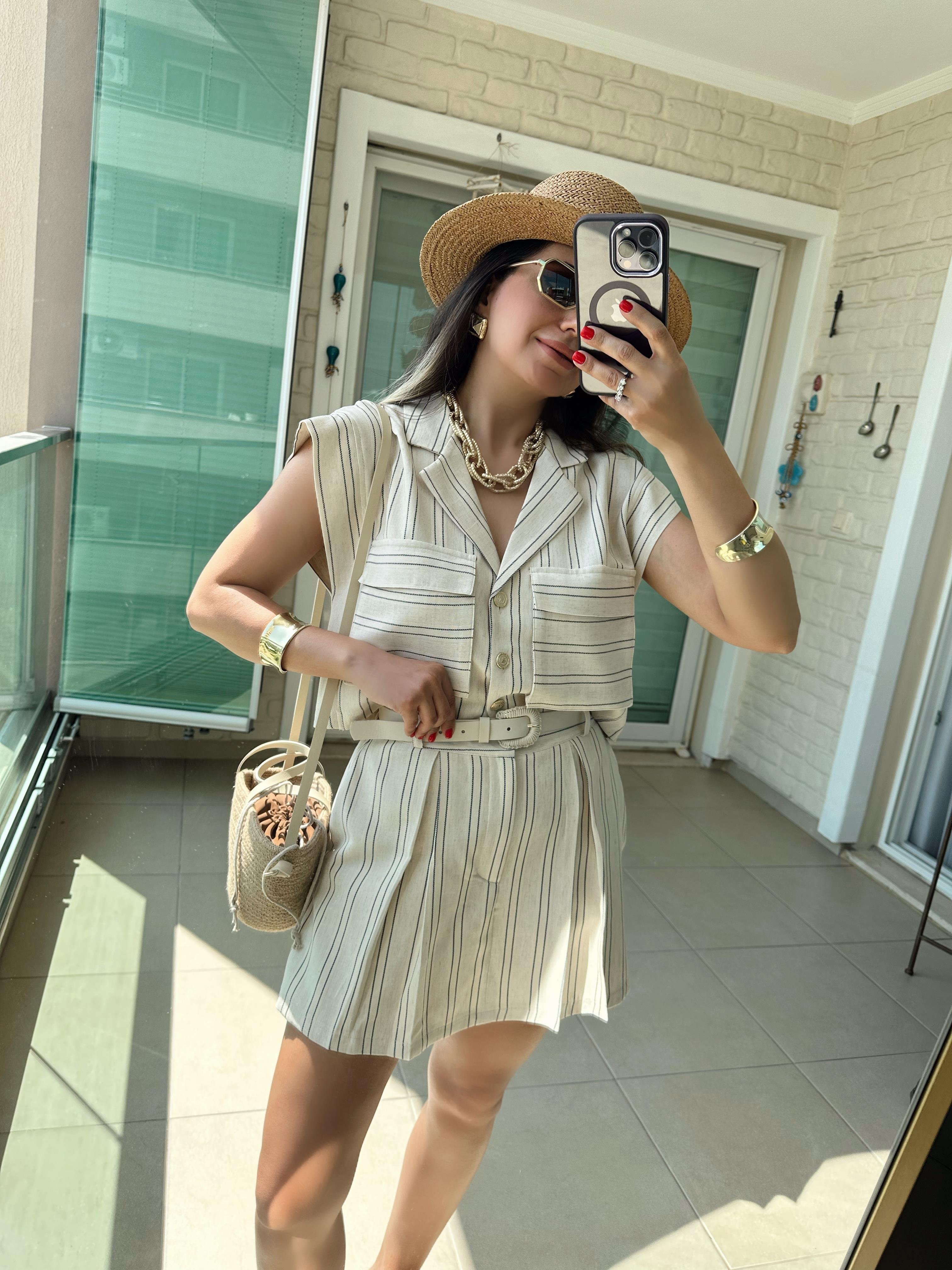 Çizgili Kendinden Kemerli Şort Gömlek Takım