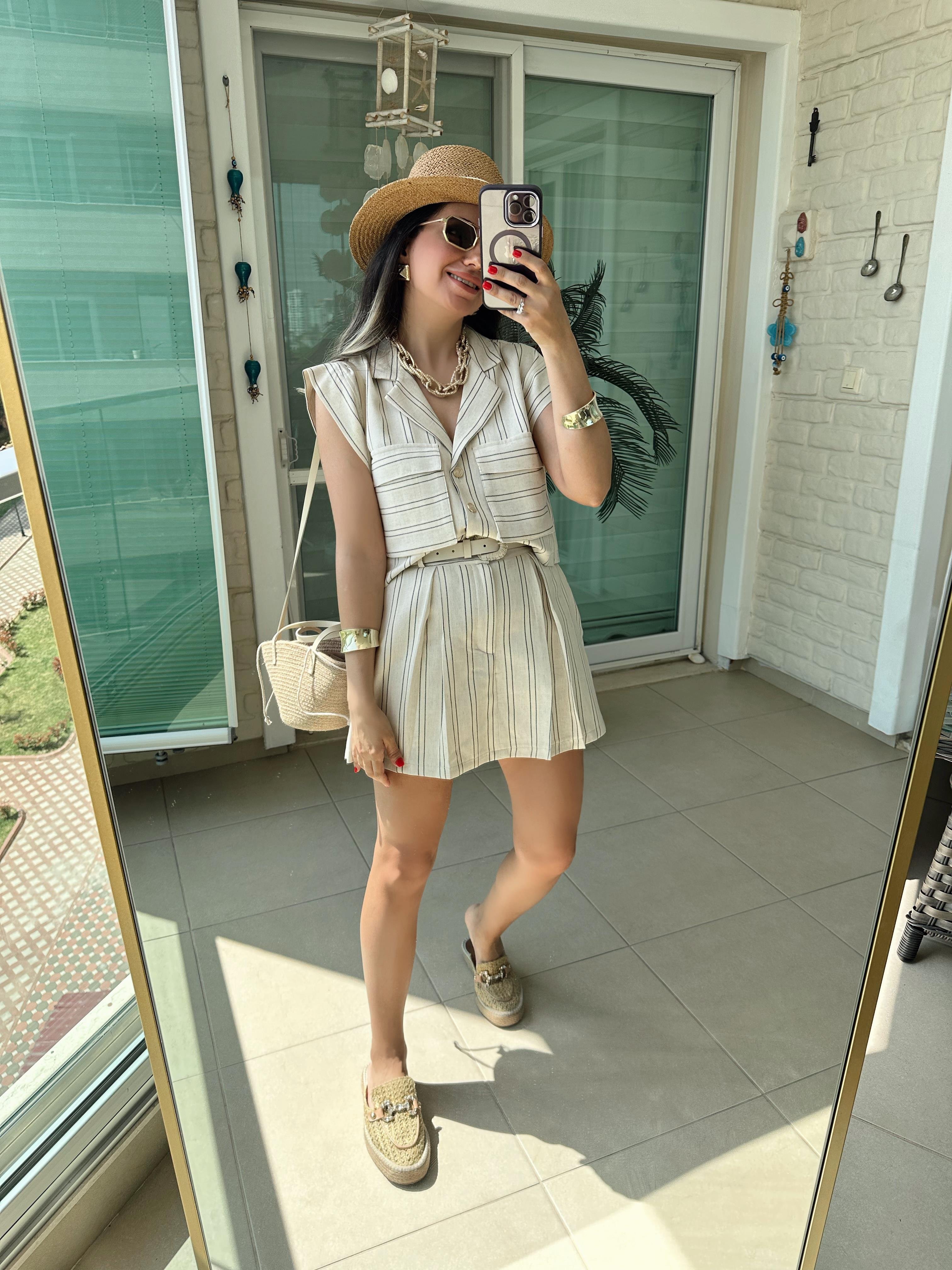 Çizgili Kendinden Kemerli Şort Gömlek Takım