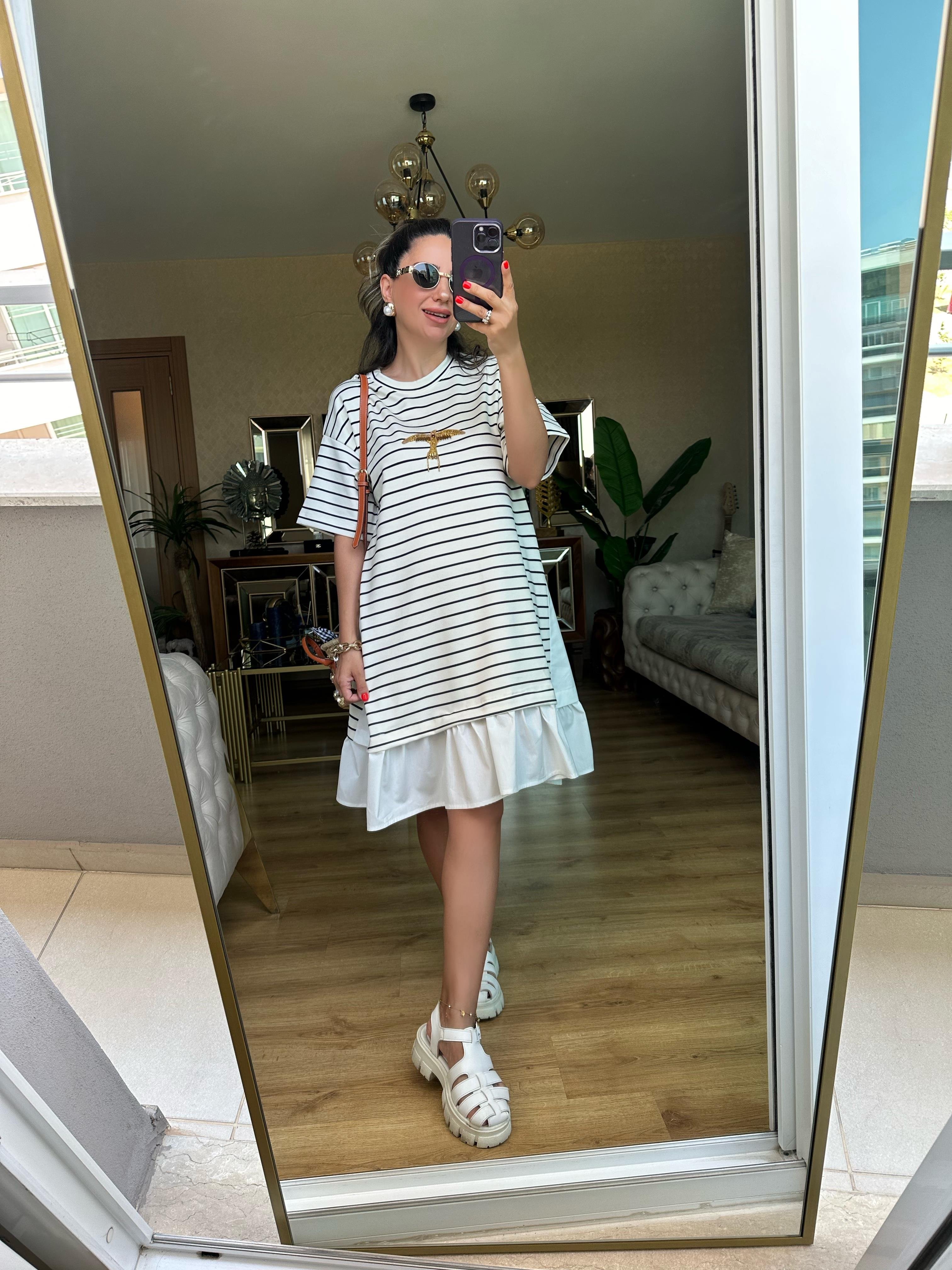 Çizgili Kuş Taşlı Elbise