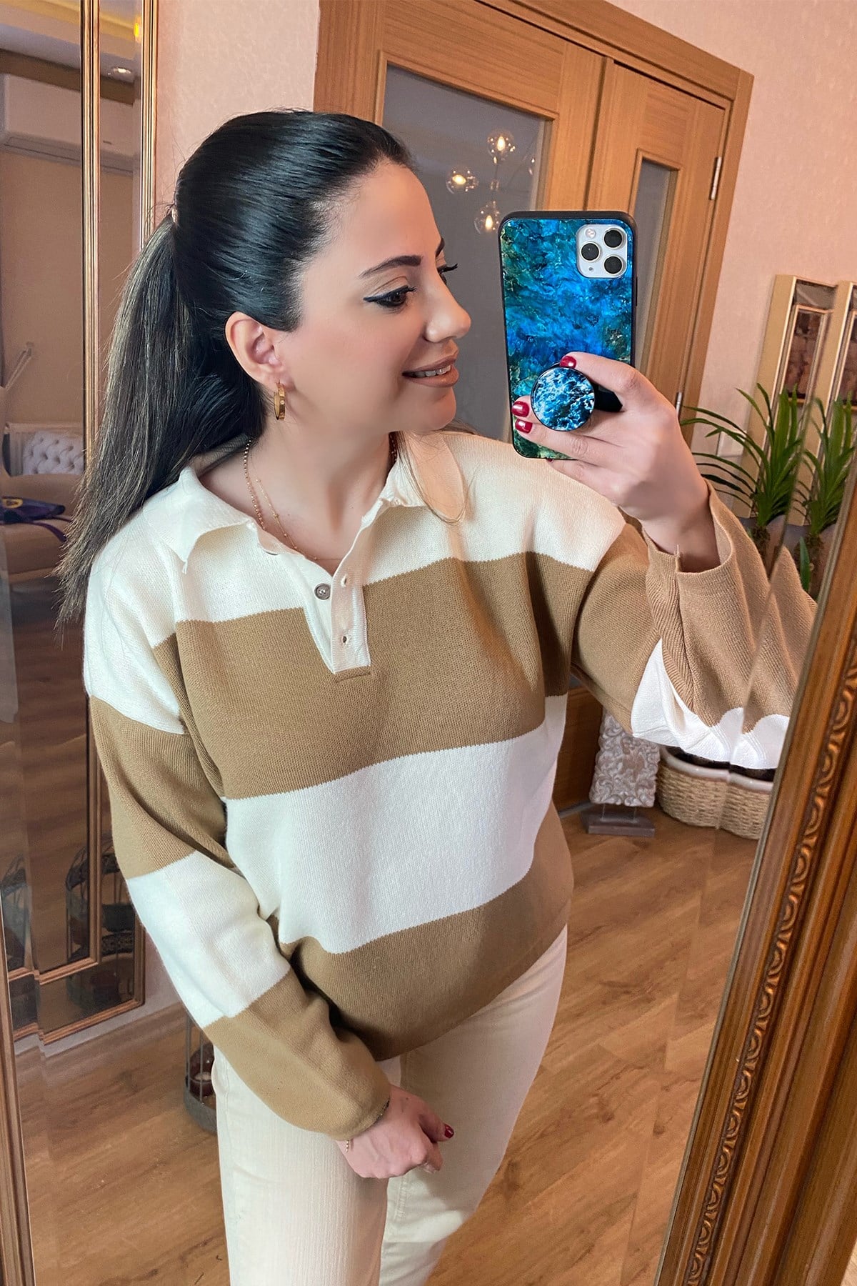 Çizgili Taba Çelik Triko Bluz