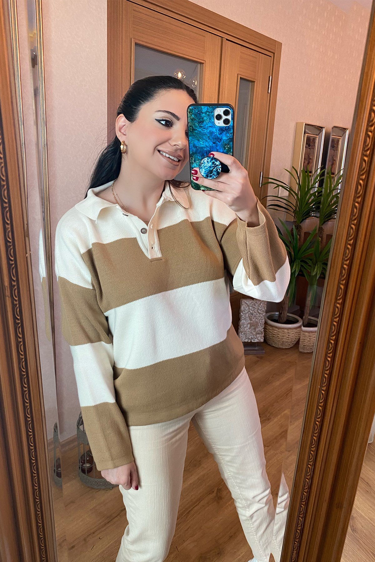 Çizgili Taba Çelik Triko Bluz