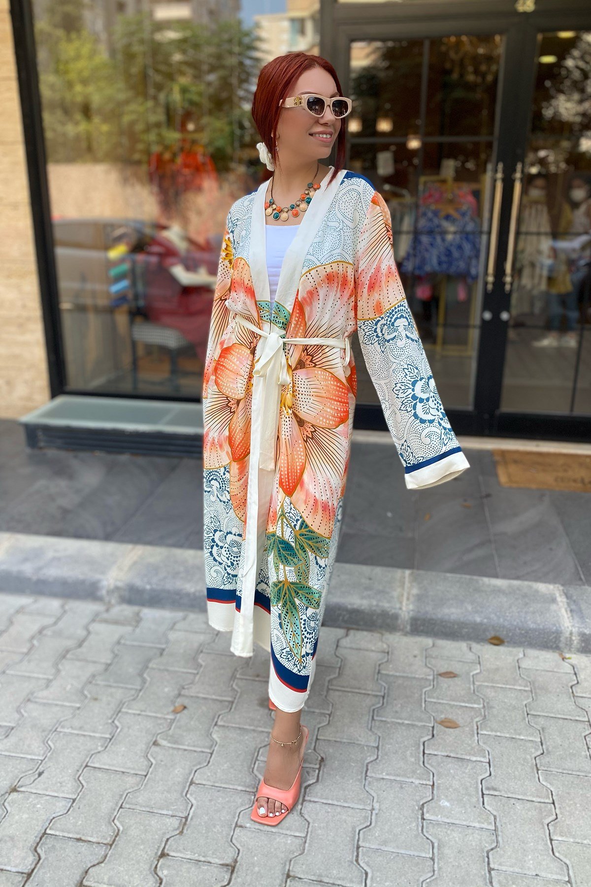 Desenli Kuşaklı Kimono