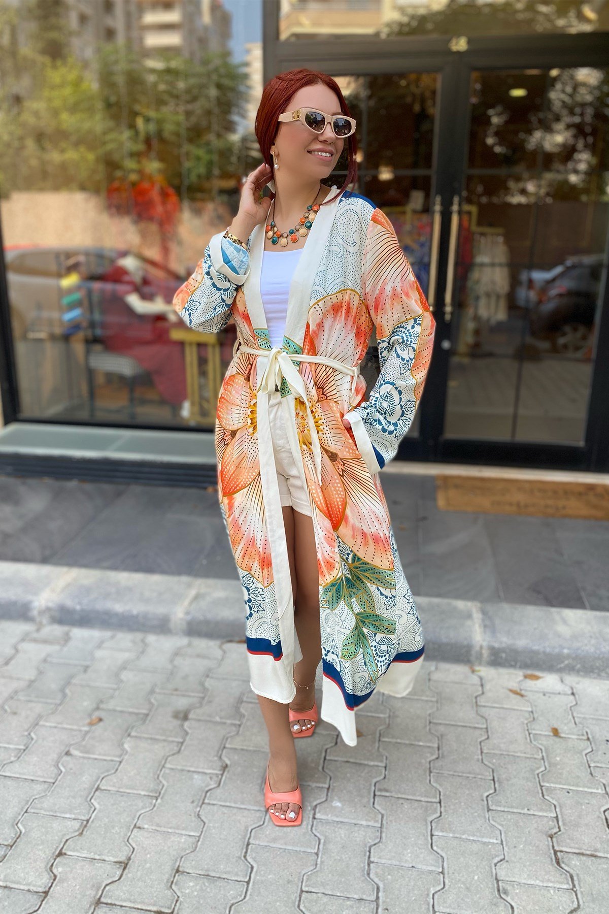 Desenli Kuşaklı Kimono