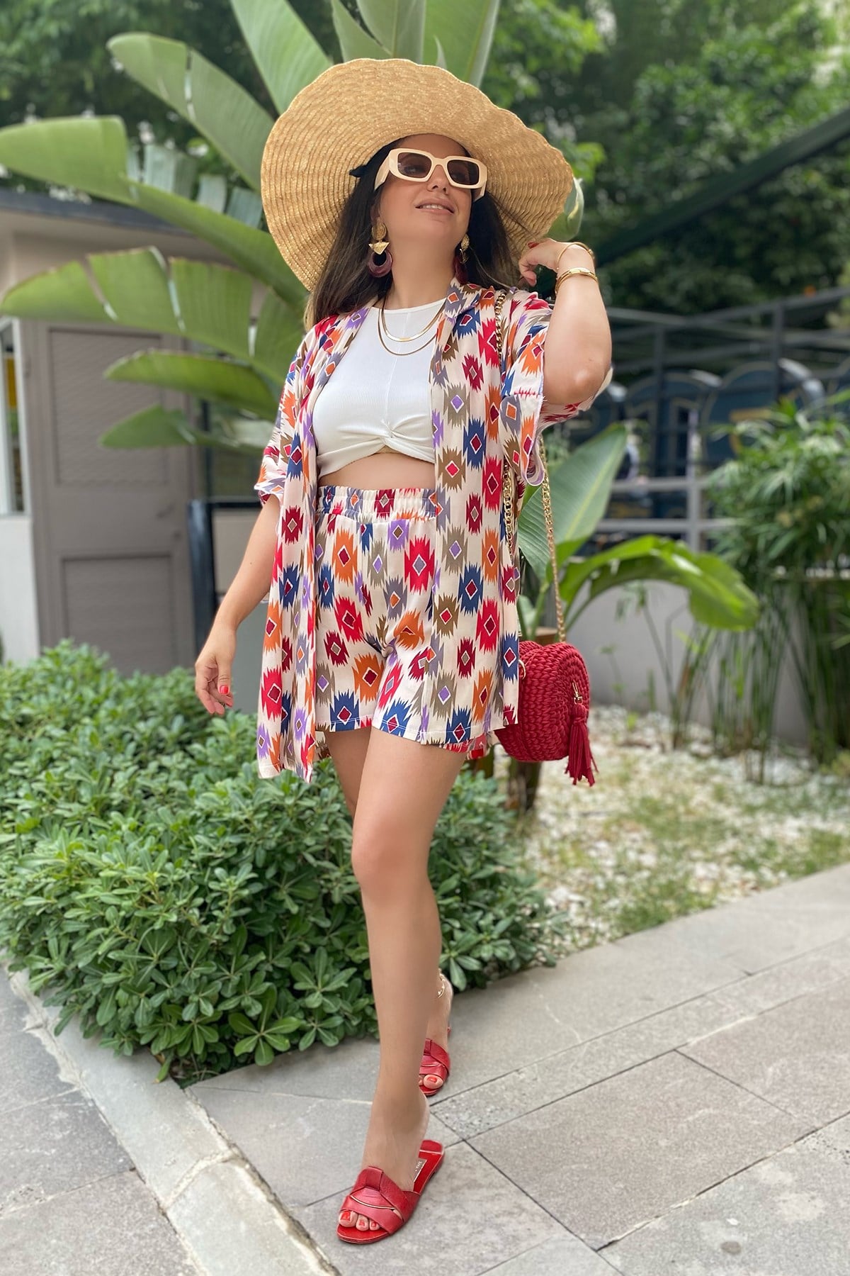 Desenli Şortlu Kimono Takım