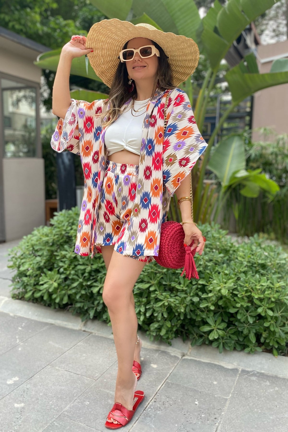 Desenli Şortlu Kimono Takım