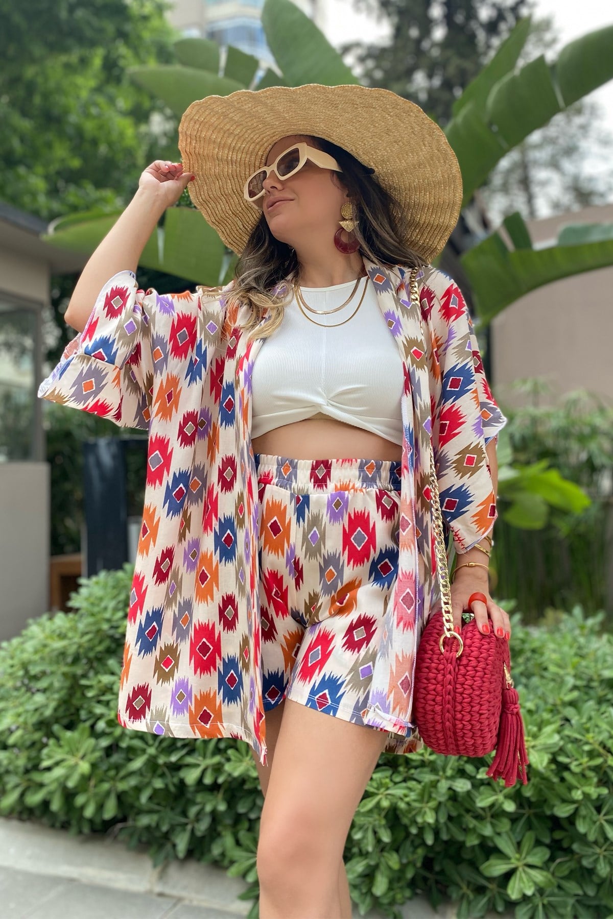 Desenli Şortlu Kimono Takım