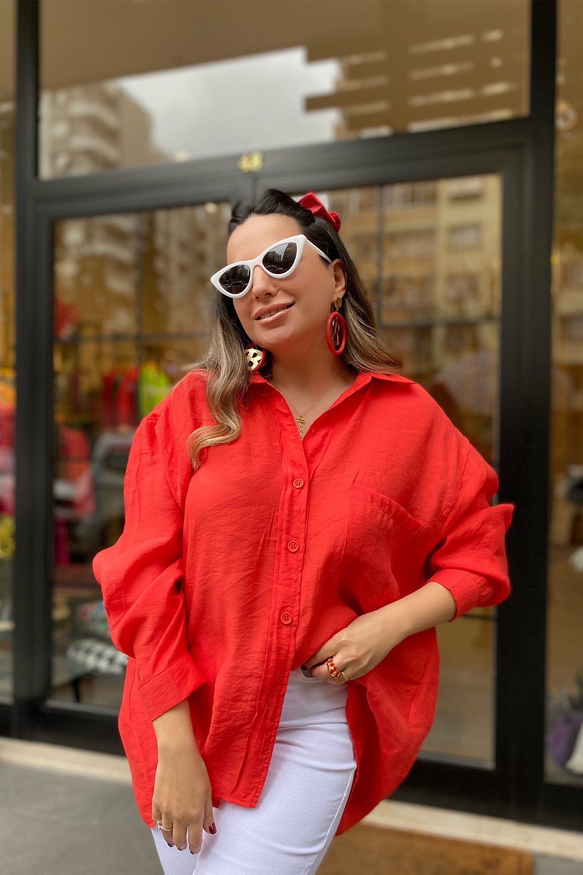 Düşük Omuz Oversize Nar Çiçeği Gömlek